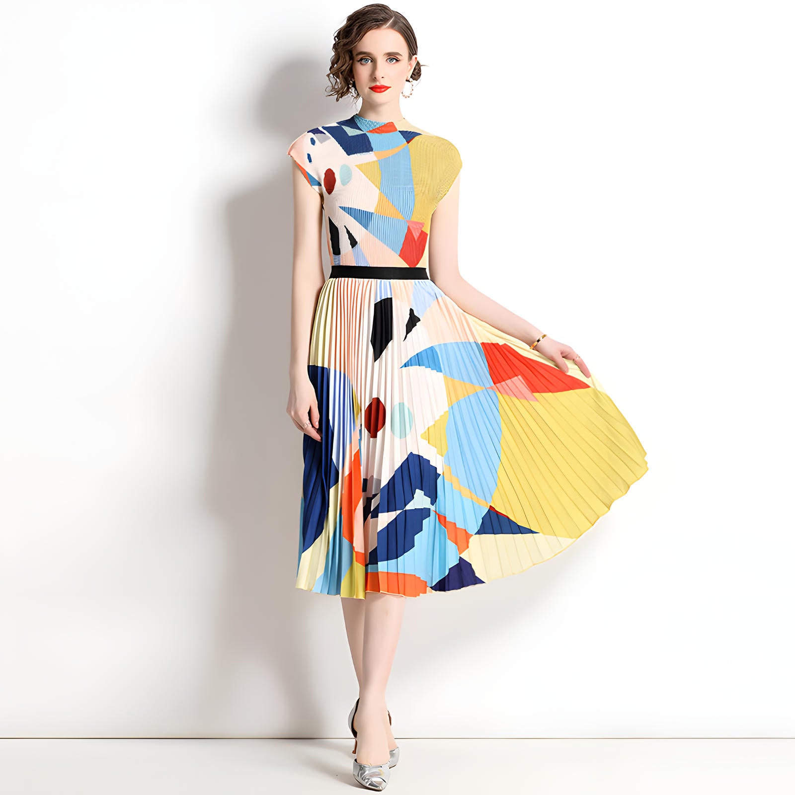 Abstract Pattern Miyaki Fold Blouse Pleated Skirt Two Piece Chiffon Set - 716400727184_BAS