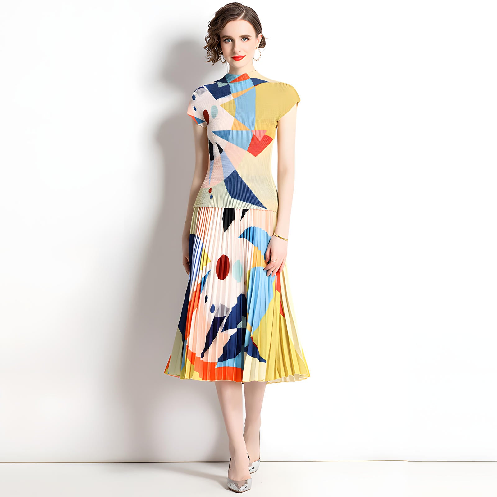 Abstract Pattern Miyaki Fold Blouse Pleated Skirt Two Piece Chiffon Set - 716400727184_BAS