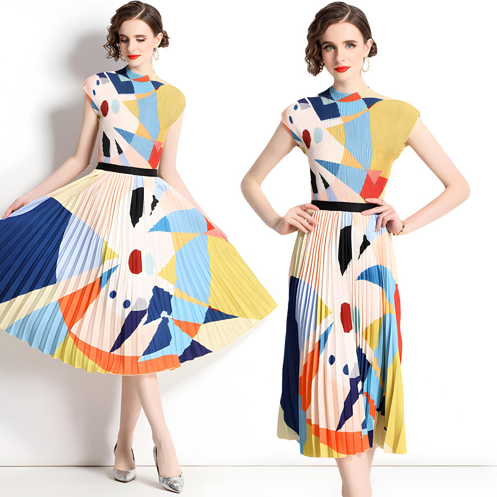 Abstract Pattern Miyaki Fold Blouse Pleated Skirt Two Piece Chiffon Set - 716400727184_BAS