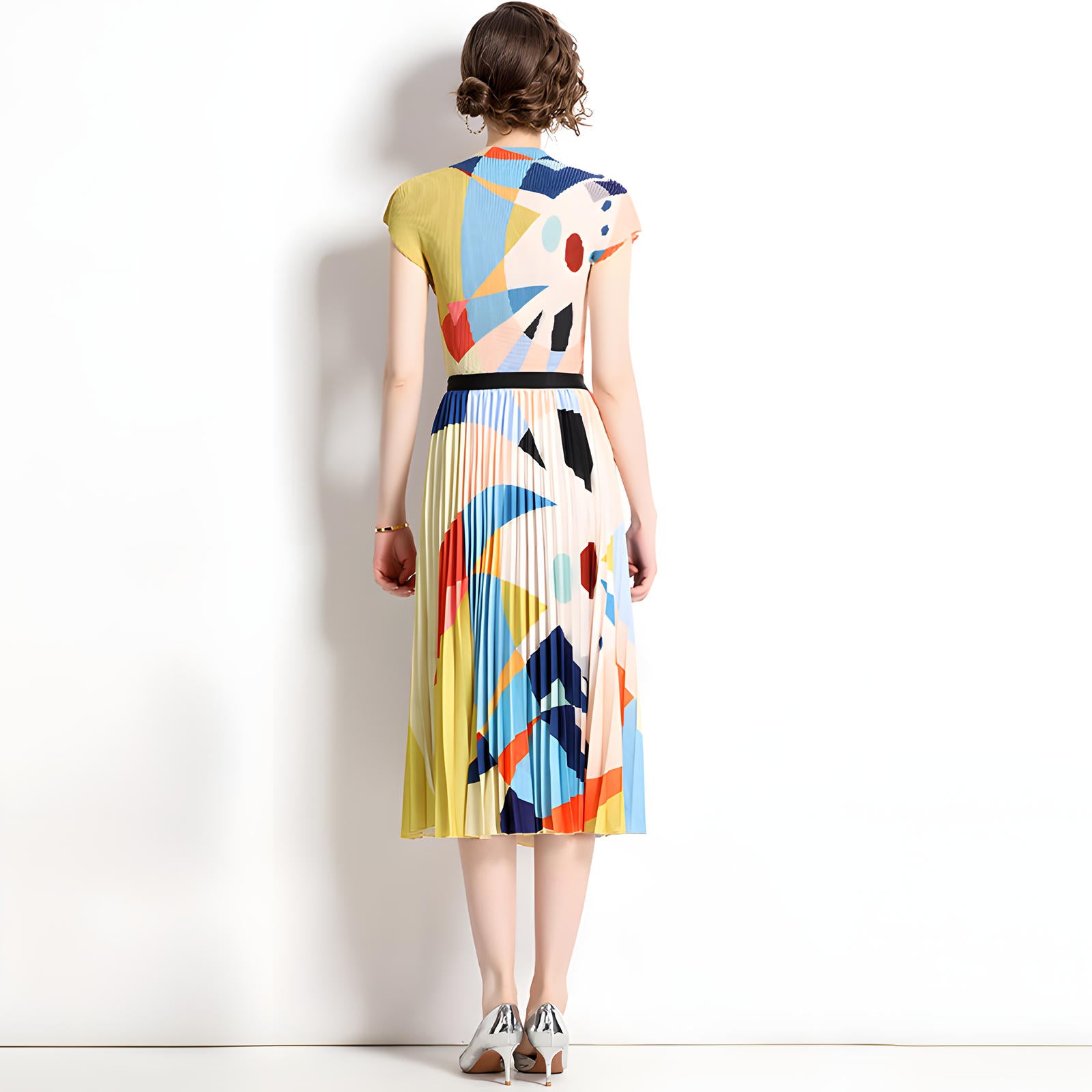 Abstract Pattern Miyaki Fold Blouse Pleated Skirt Two Piece Chiffon Set - 716400727184_BAS