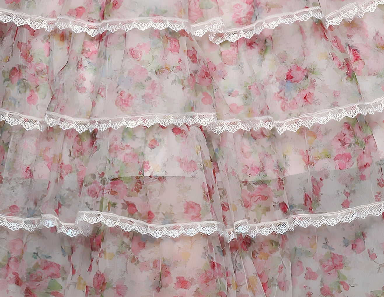 Multitier Printed Chiffon Pearl embellished Waist And Front Yoke Pink Dress - 717333159574_BAS