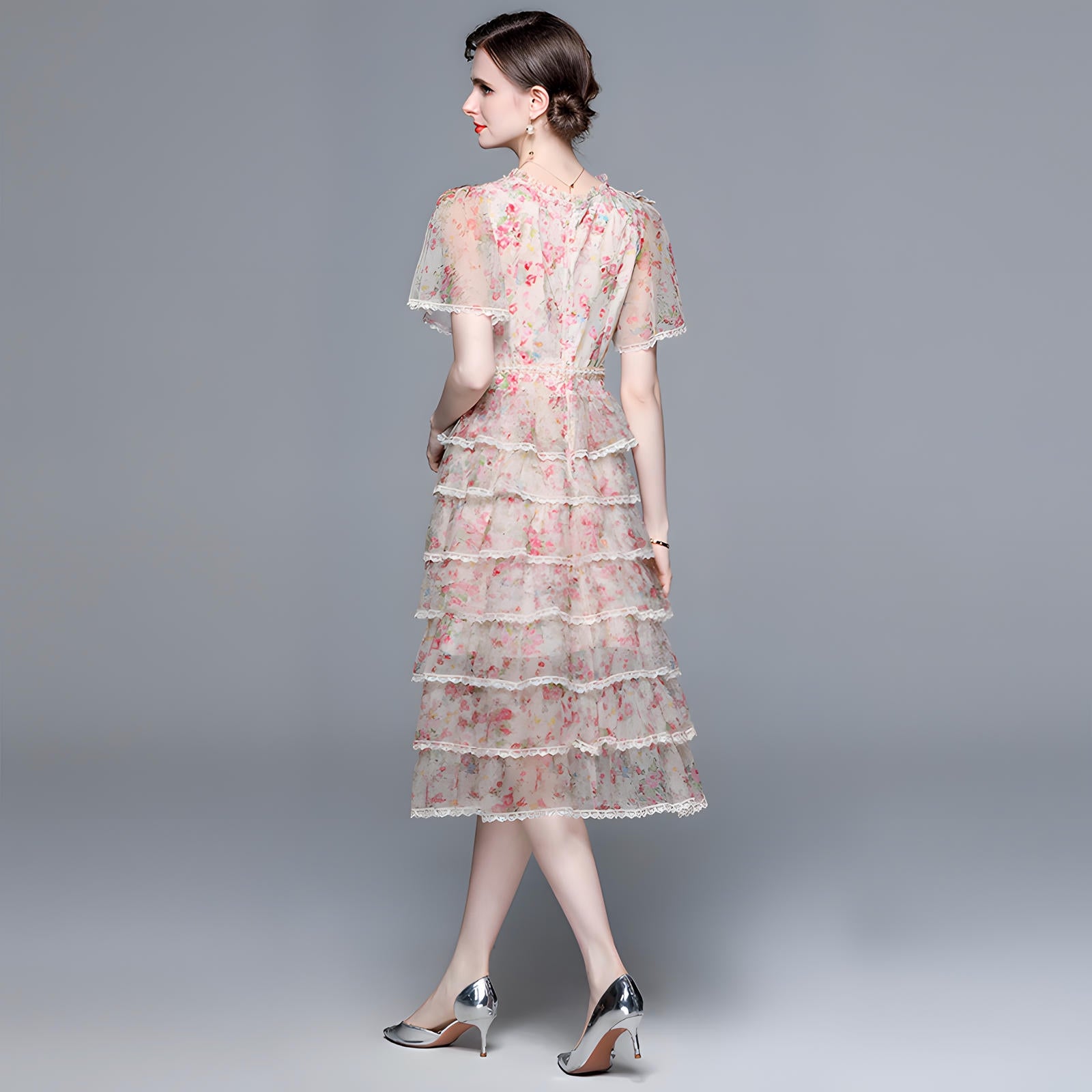 Multitier Printed Chiffon Pearl embellished Waist And Front Yoke Pink Dress - 717333159574_BAS