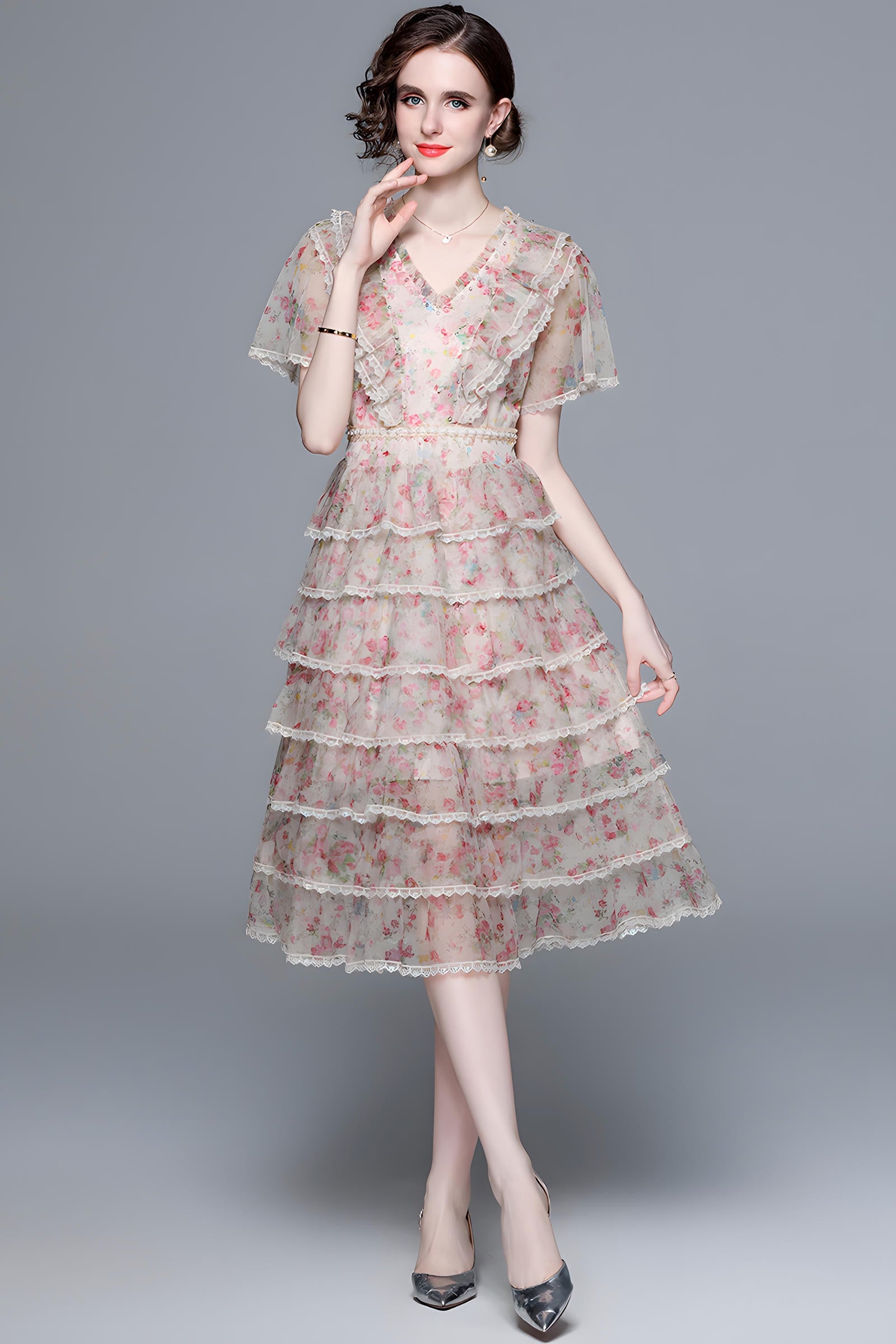 Multitier Printed Chiffon Pearl embellished Waist And Front Yoke Pink Dress - 717333159574_BAS
