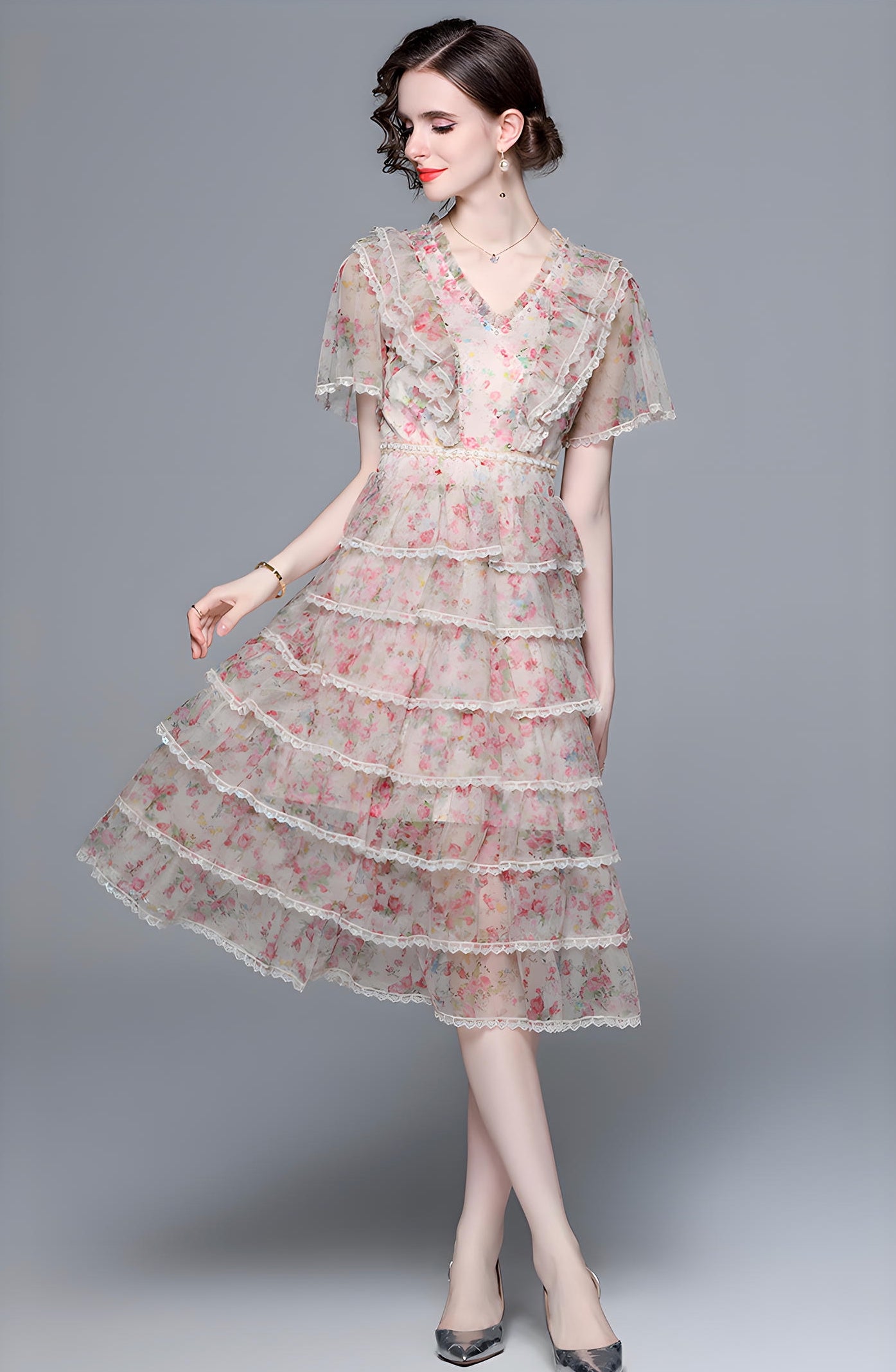 Multitier Printed Chiffon Pearl embellished Waist And Front Yoke Pink Dress - 717333159574_BAS