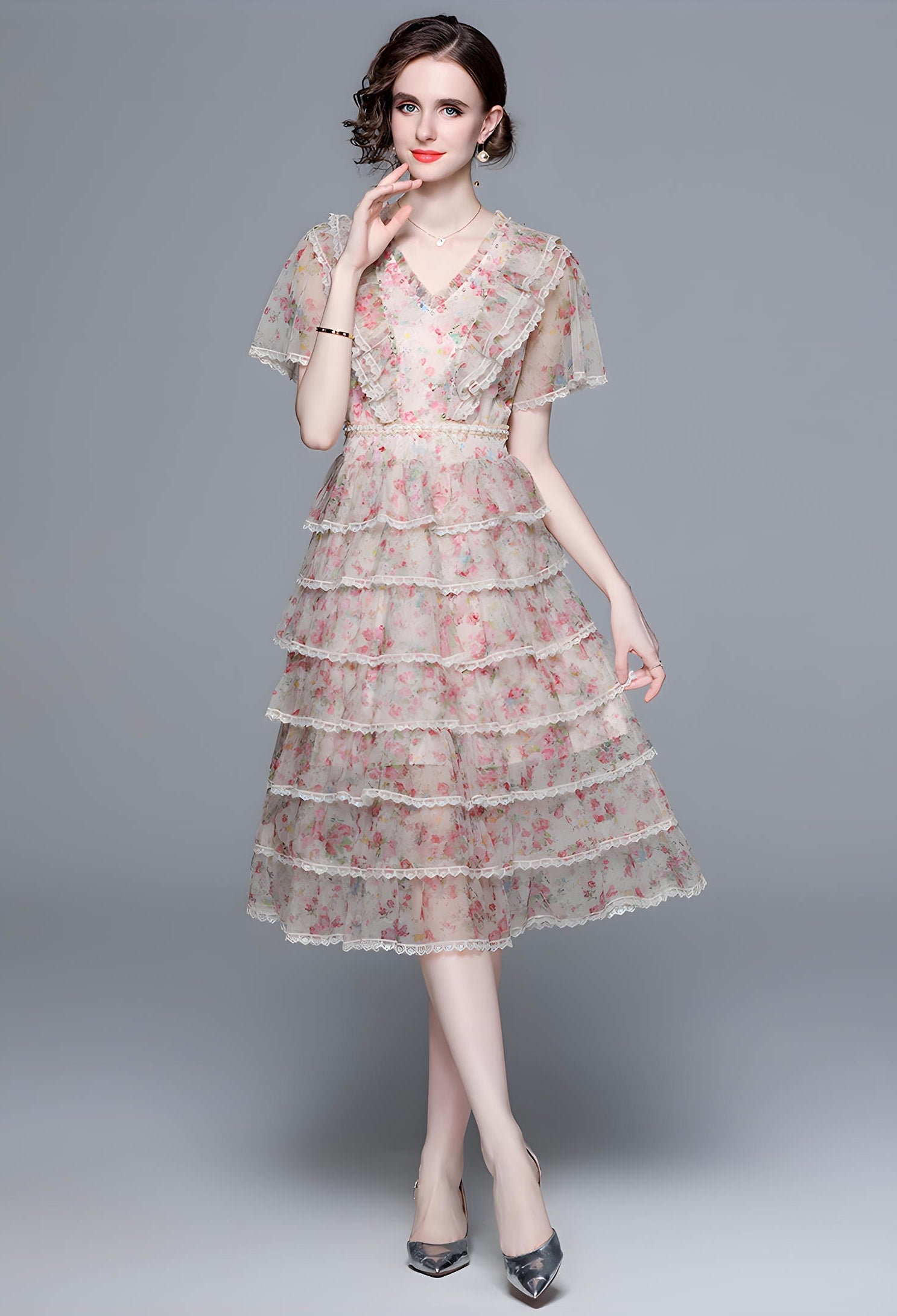 Multitier Printed Chiffon Pearl embellished Waist And Front Yoke Pink Dress - 717333159574_BAS