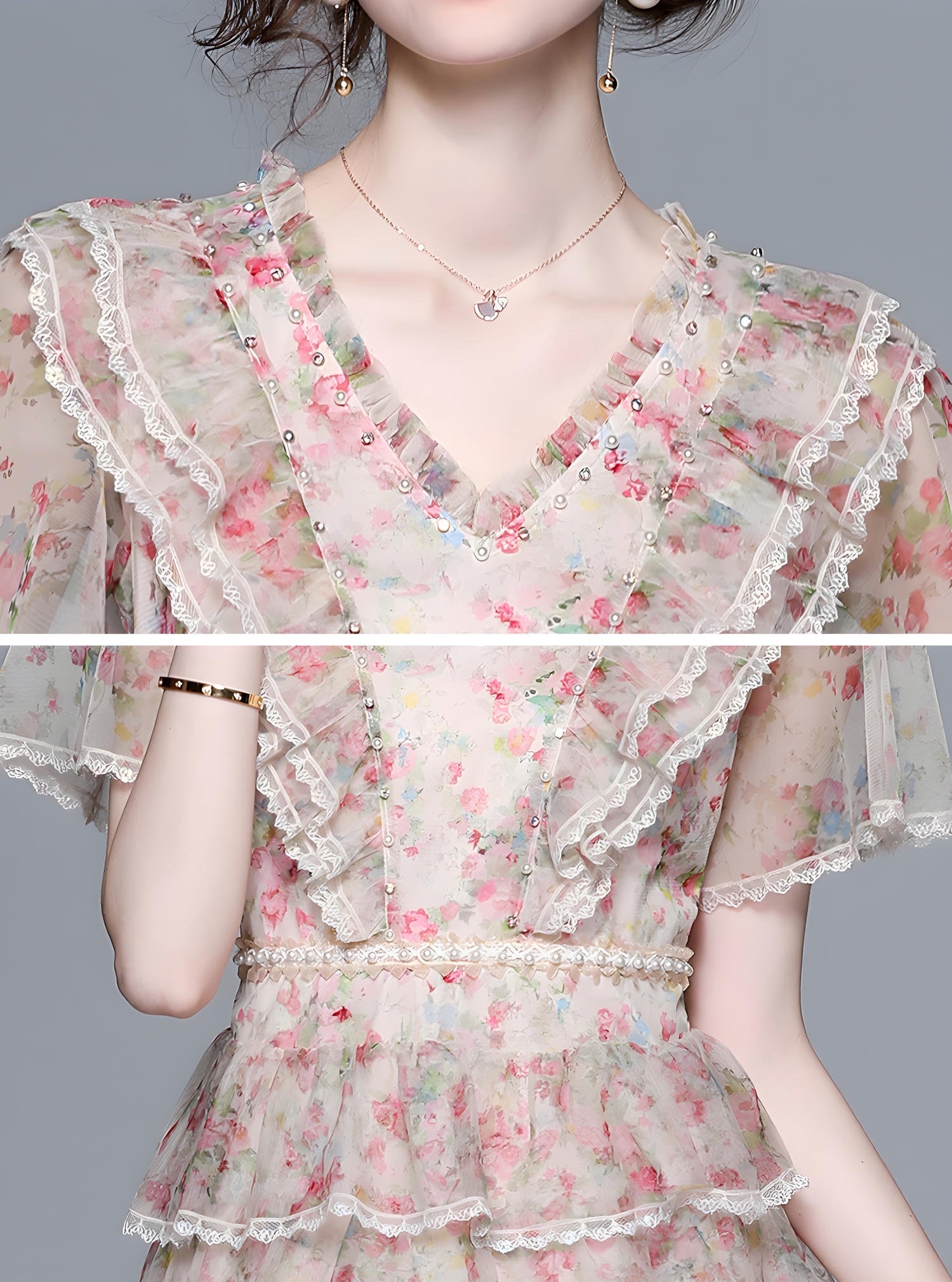 Multitier Printed Chiffon Pearl embellished Waist And Front Yoke Pink Dress - 717333159574_BAS