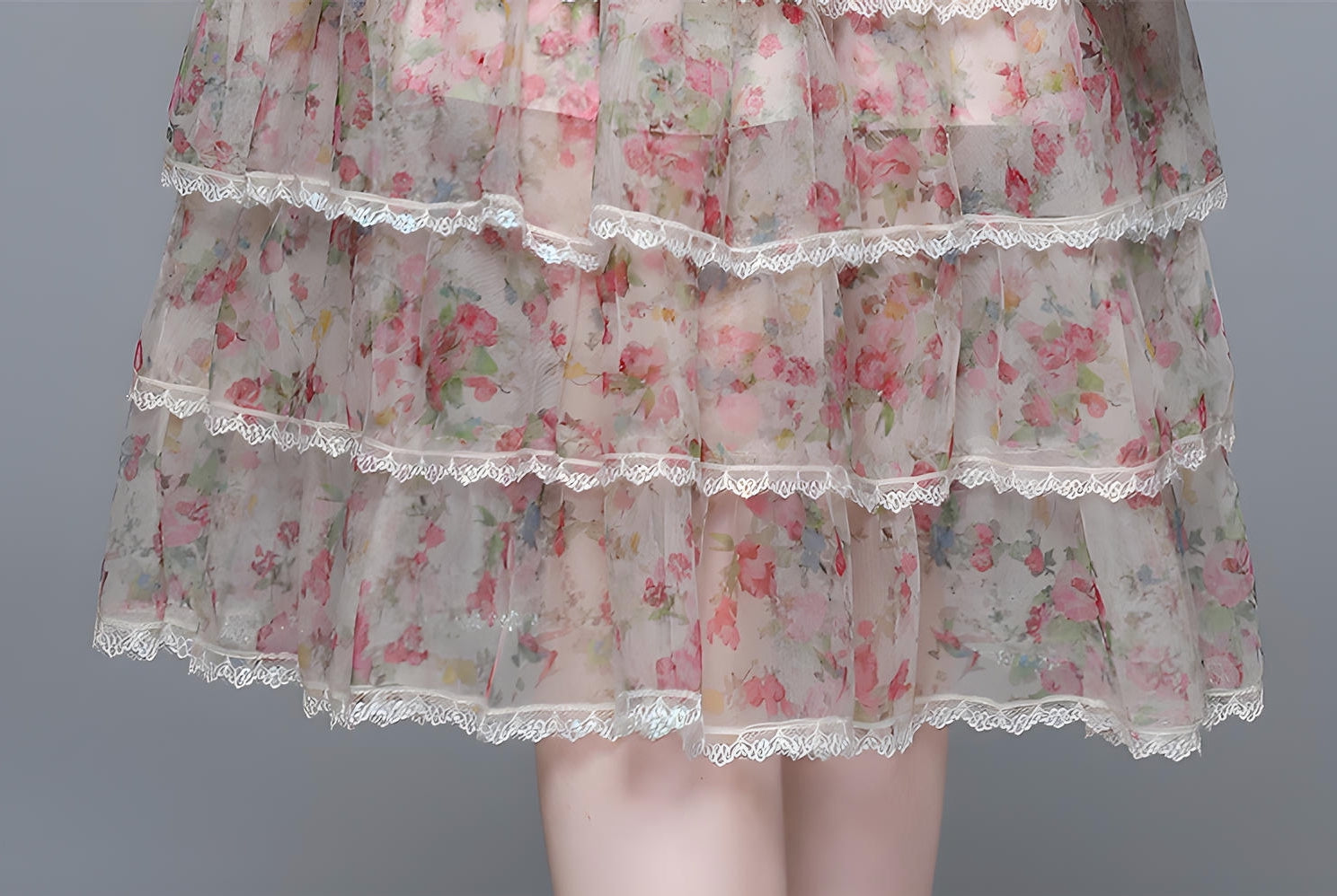 Multitier Printed Chiffon Pearl embellished Waist And Front Yoke Pink Dress - 717333159574_BAS