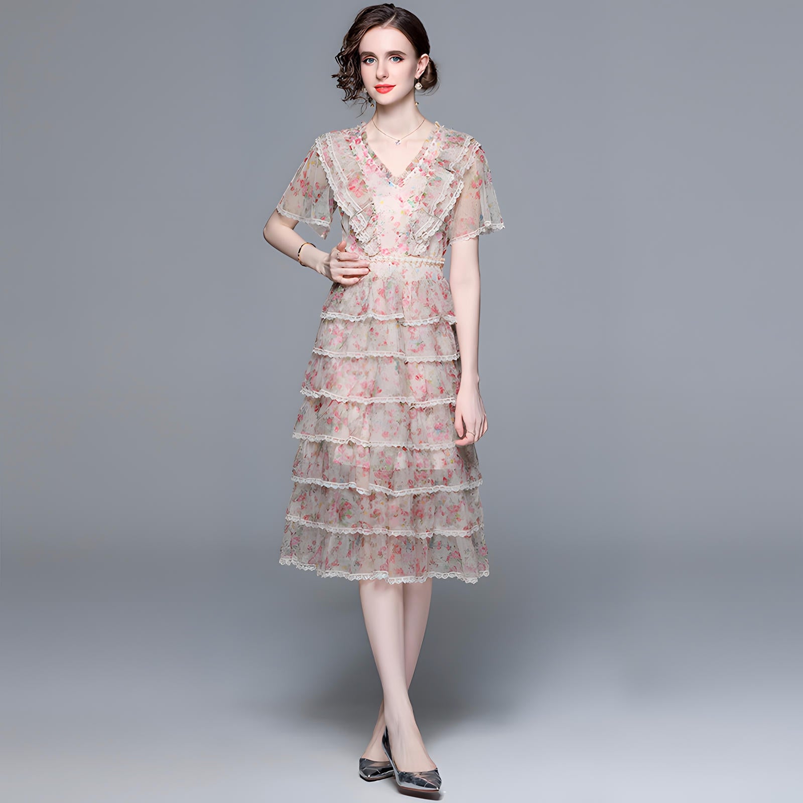 Multitier Printed Chiffon Pearl embellished Waist And Front Yoke Pink Dress - 717333159574_BAS