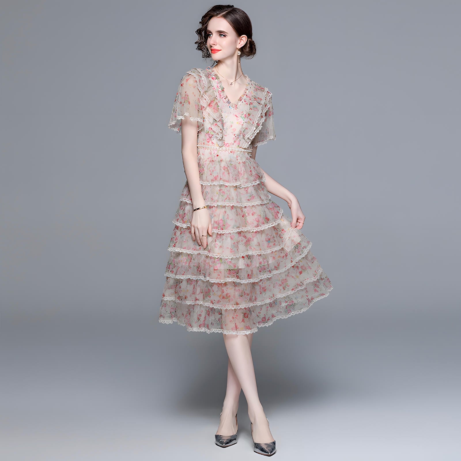 Multitier Printed Chiffon Pearl embellished Waist And Front Yoke Pink Dress - 717333159574_BAS