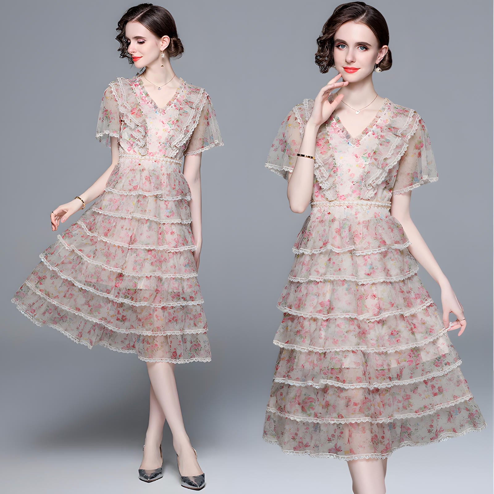Multitier Printed Chiffon Pearl embellished Waist And Front Yoke Pink Dress - 717333159574_BAS
