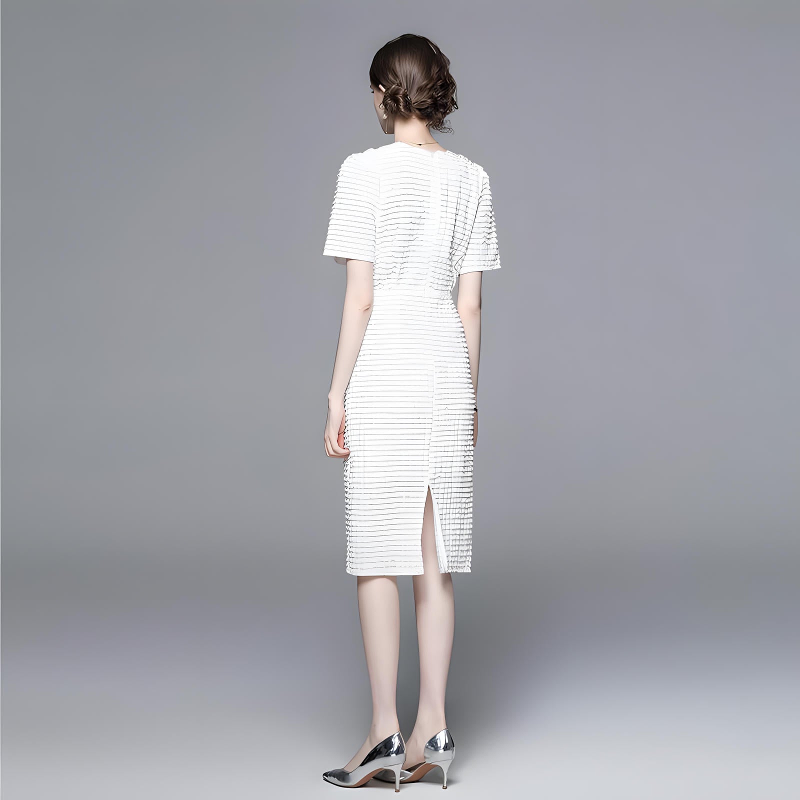 Body-fit Self Texture White Dress With V Neck and Back Slit - 723624758849_BAS