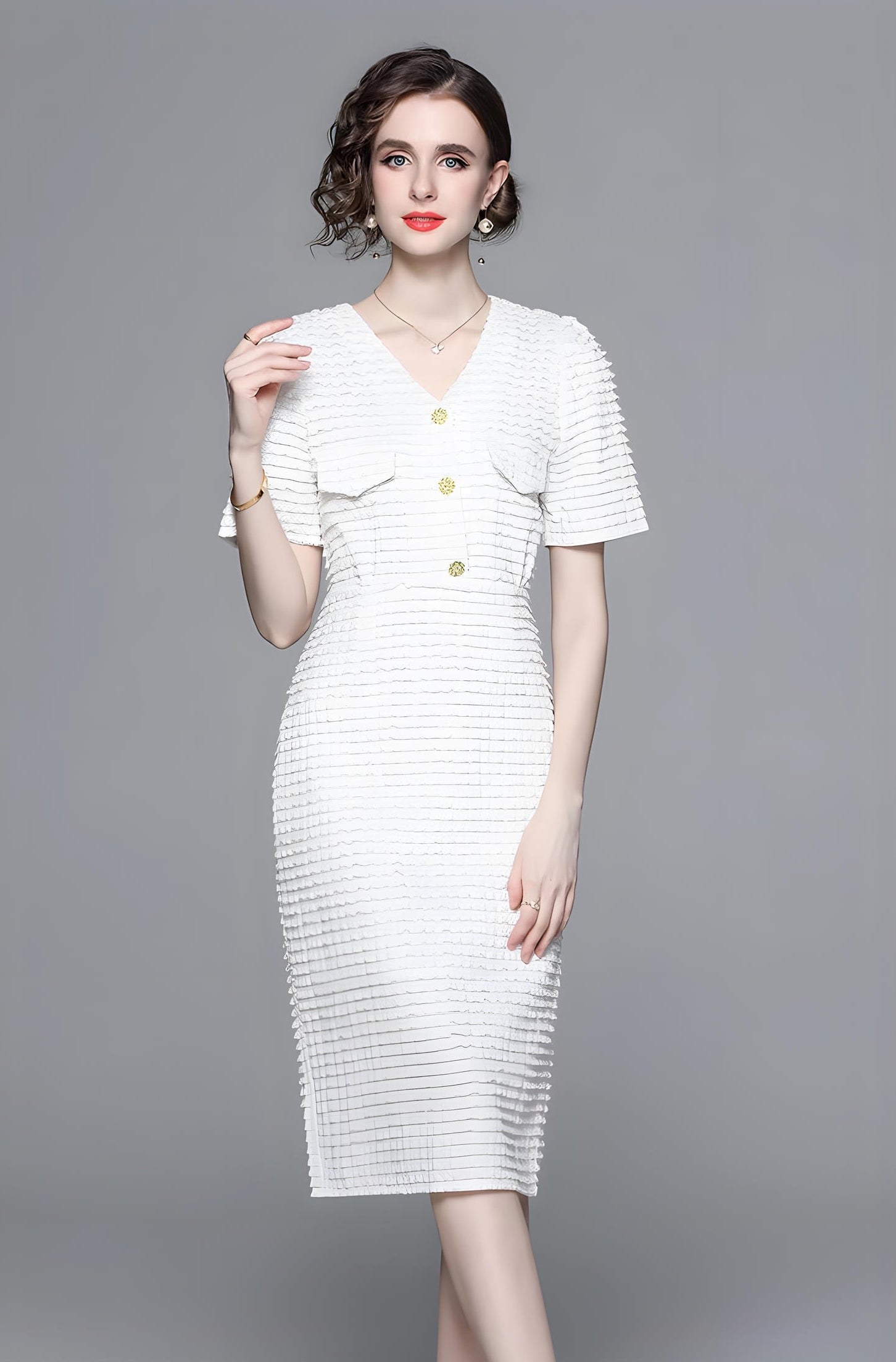 Body-fit Self Texture White Dress With V Neck and Back Slit - 723624758849_BAS