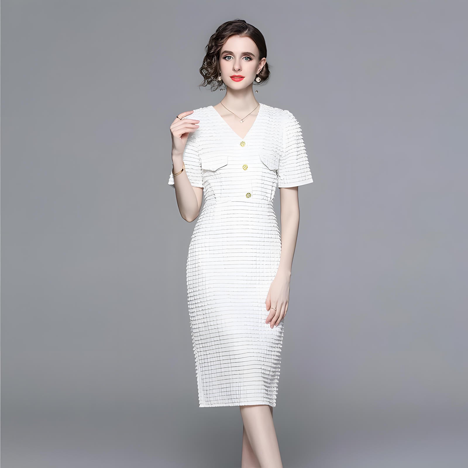 Body-fit Self Texture White Dress With V Neck and Back Slit - 723624758849_BAS