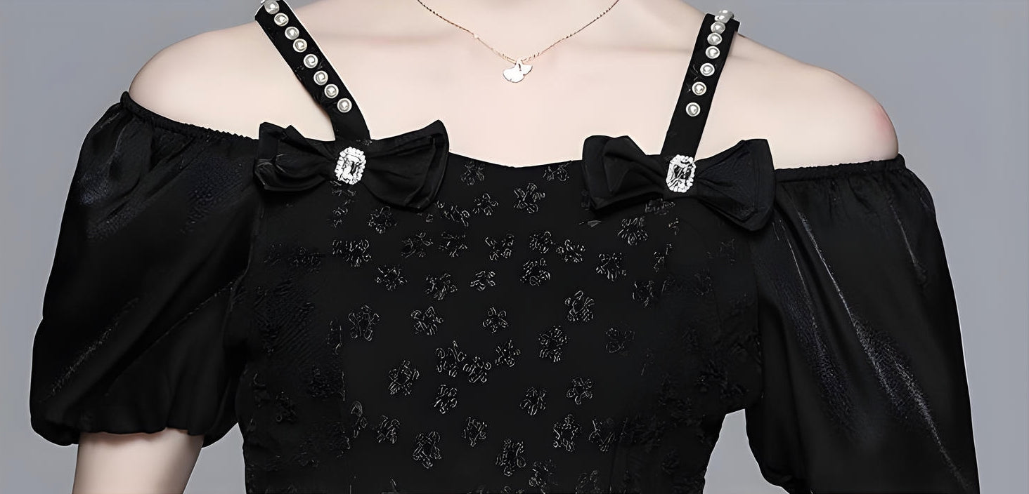 Off-Shoulder Puff Sleeve Floral Textured Short Black Dress - 723637123135_BAS