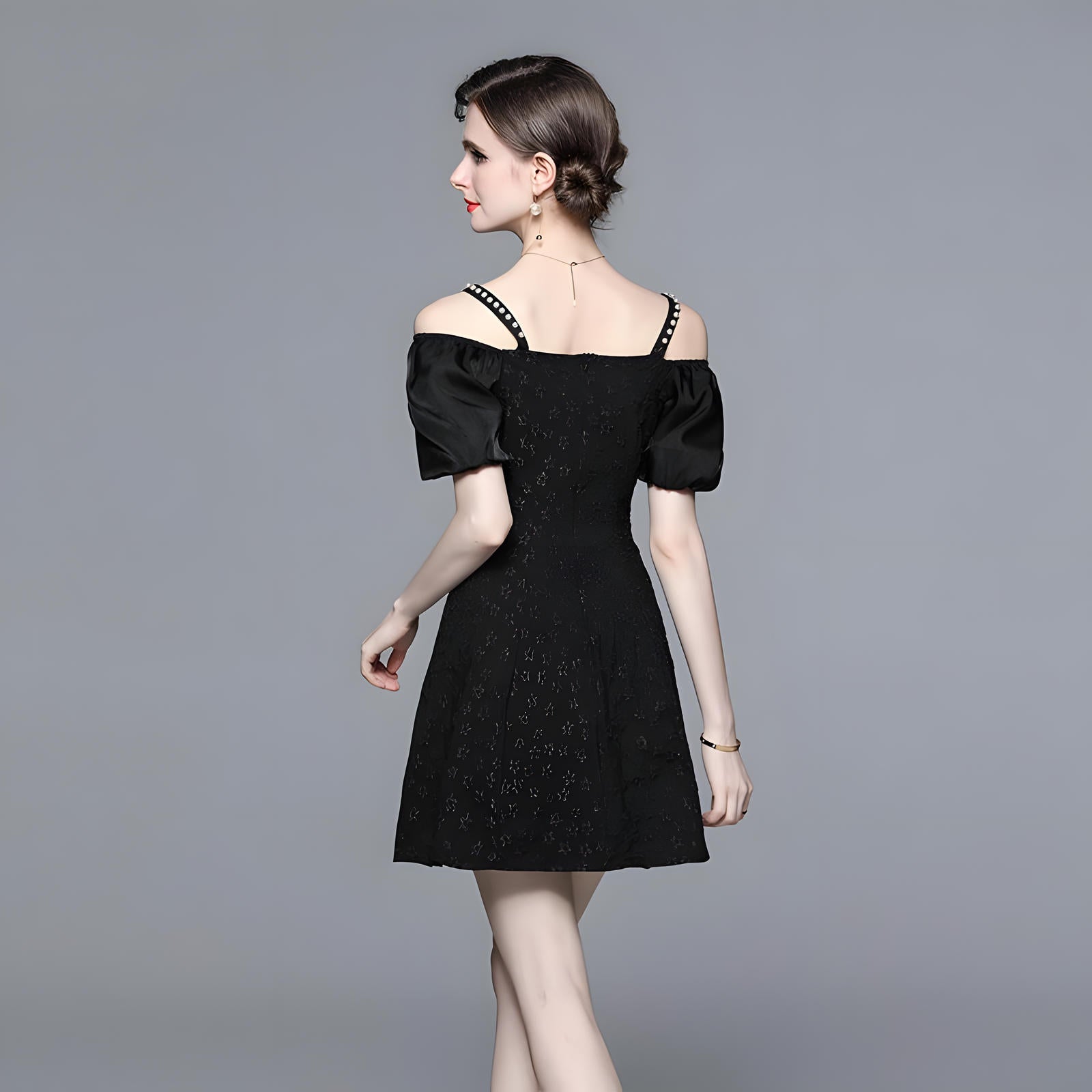 Off-Shoulder Puff Sleeve Floral Textured Short Black Dress - 723637123135_BAS