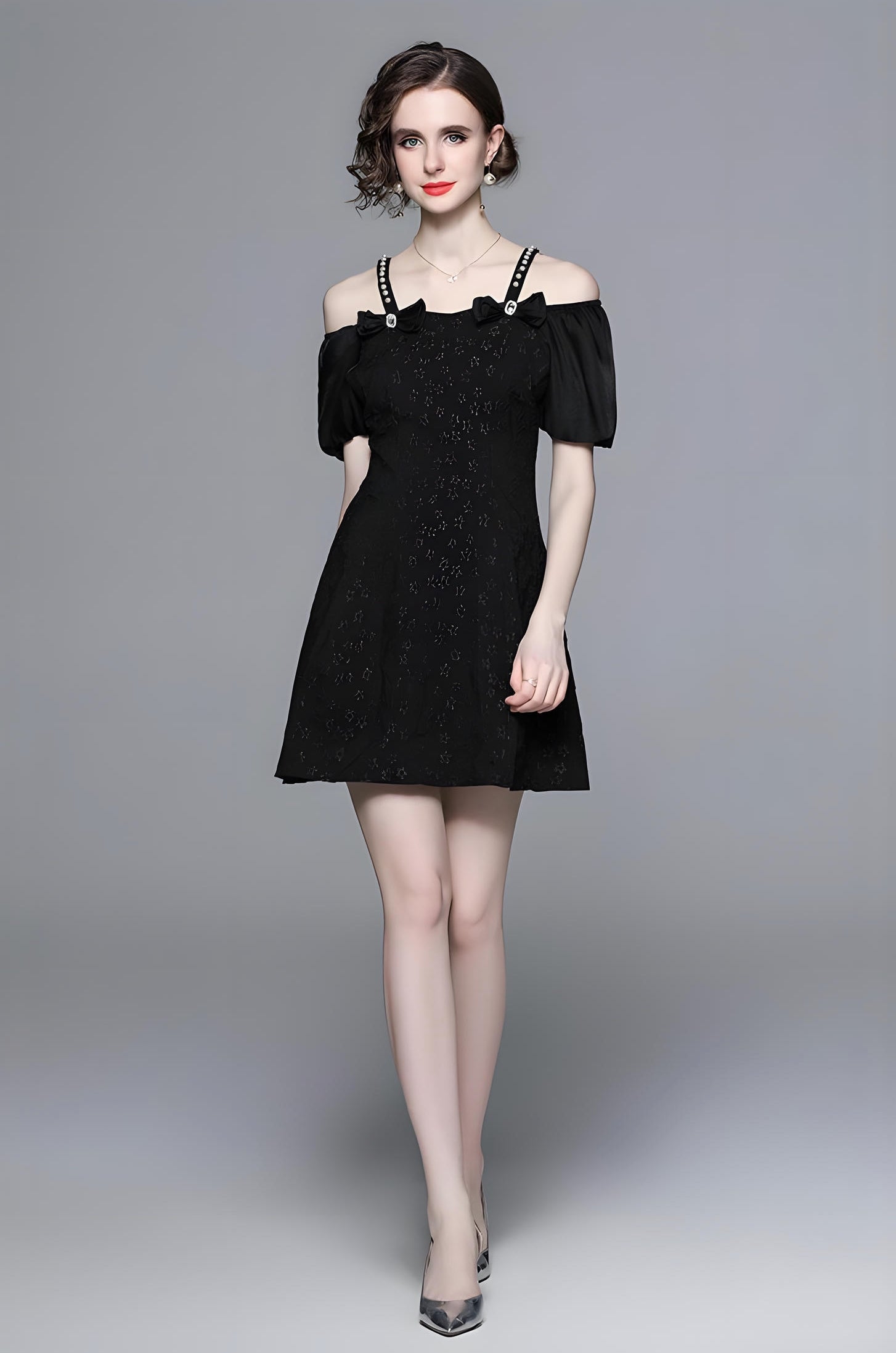 Off-Shoulder Puff Sleeve Floral Textured Short Black Dress - 723637123135_BAS