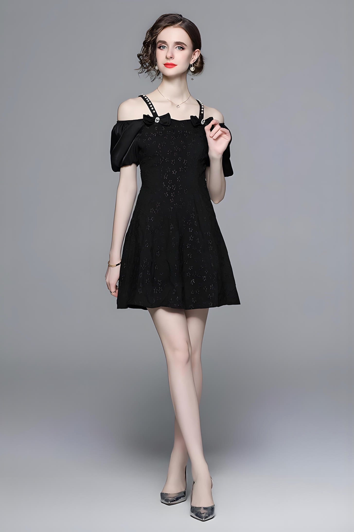 Off-Shoulder Puff Sleeve Floral Textured Short Black Dress - 723637123135_BAS