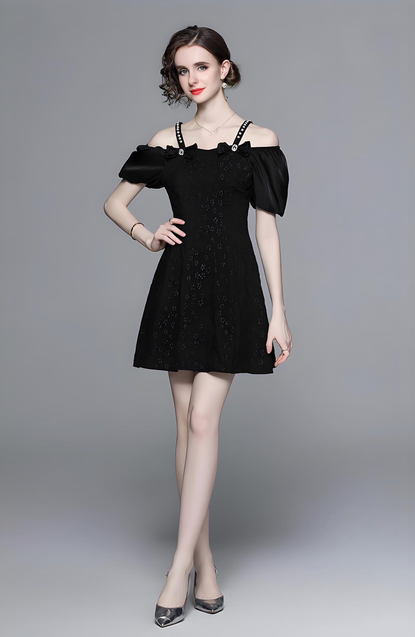 Off-Shoulder Puff Sleeve Floral Textured Short Black Dress - 723637123135_BAS