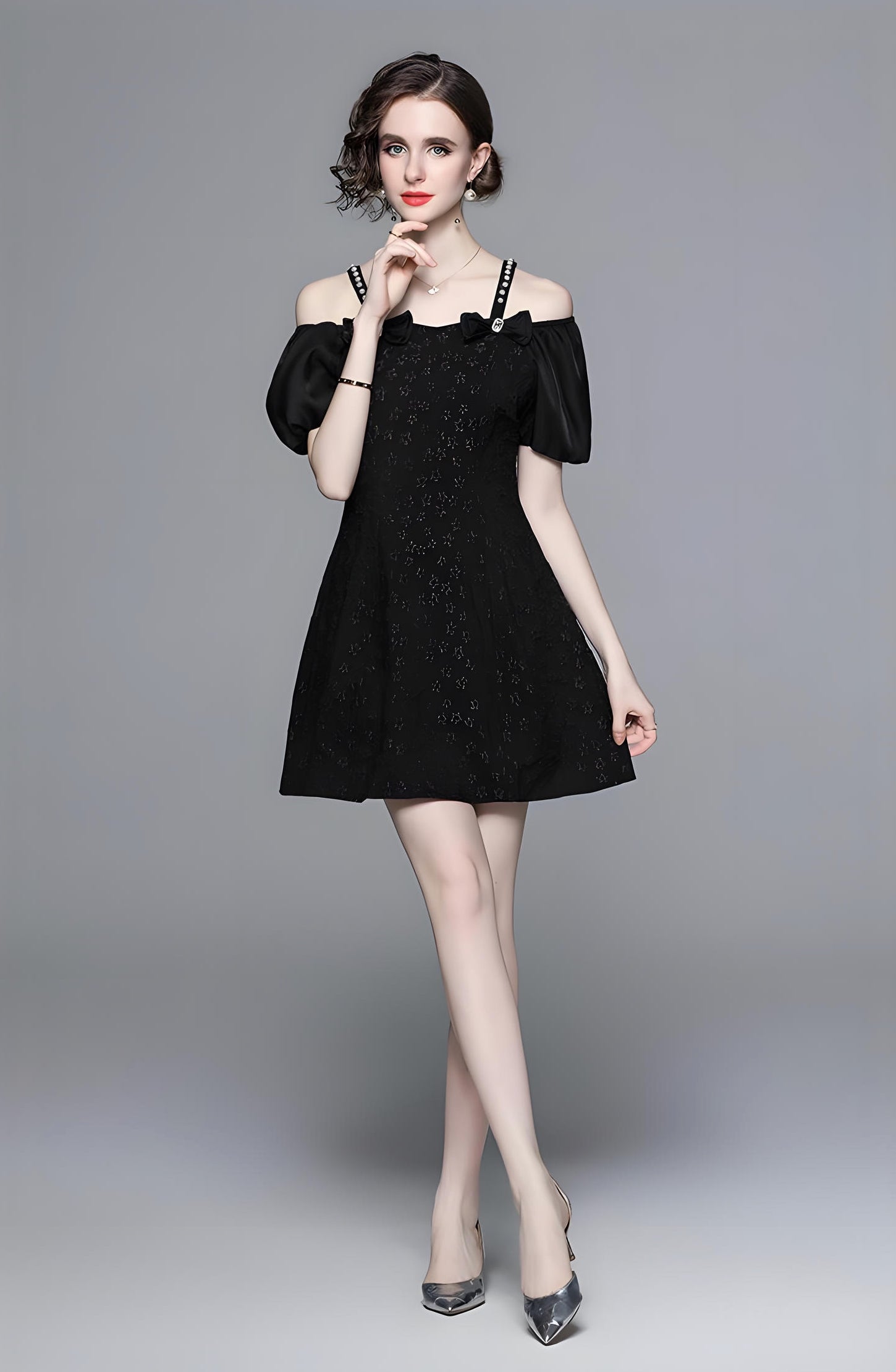 Off-Shoulder Puff Sleeve Floral Textured Short Black Dress - 723637123135_BAS