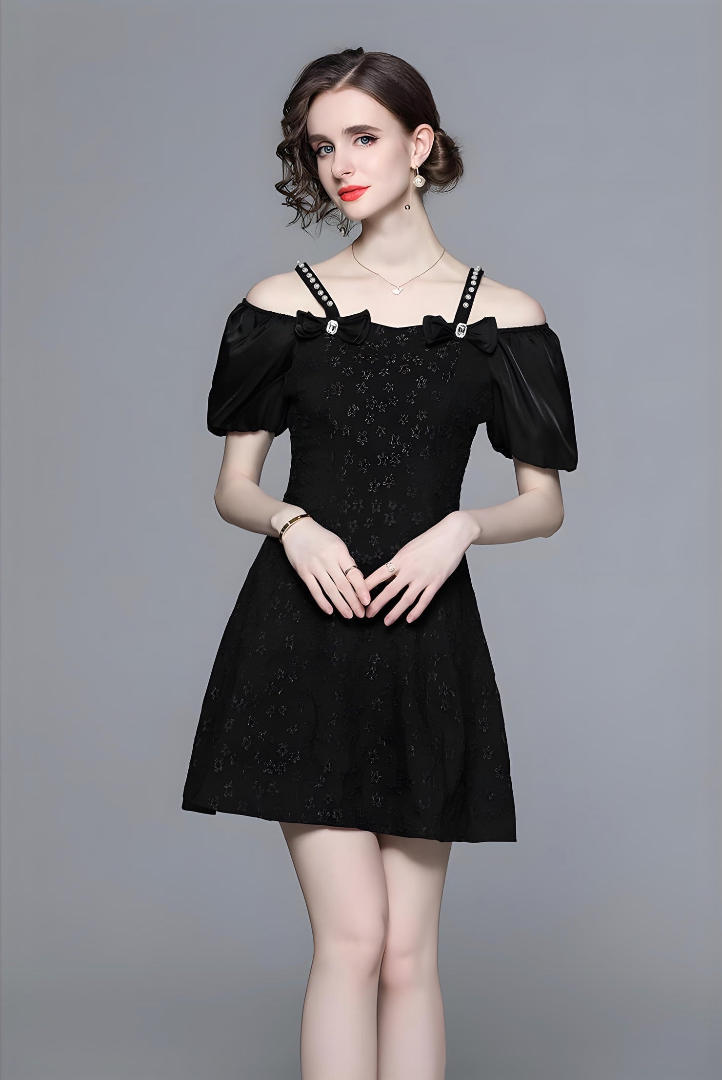 Off-Shoulder Puff Sleeve Floral Textured Short Black Dress - 723637123135_BAS