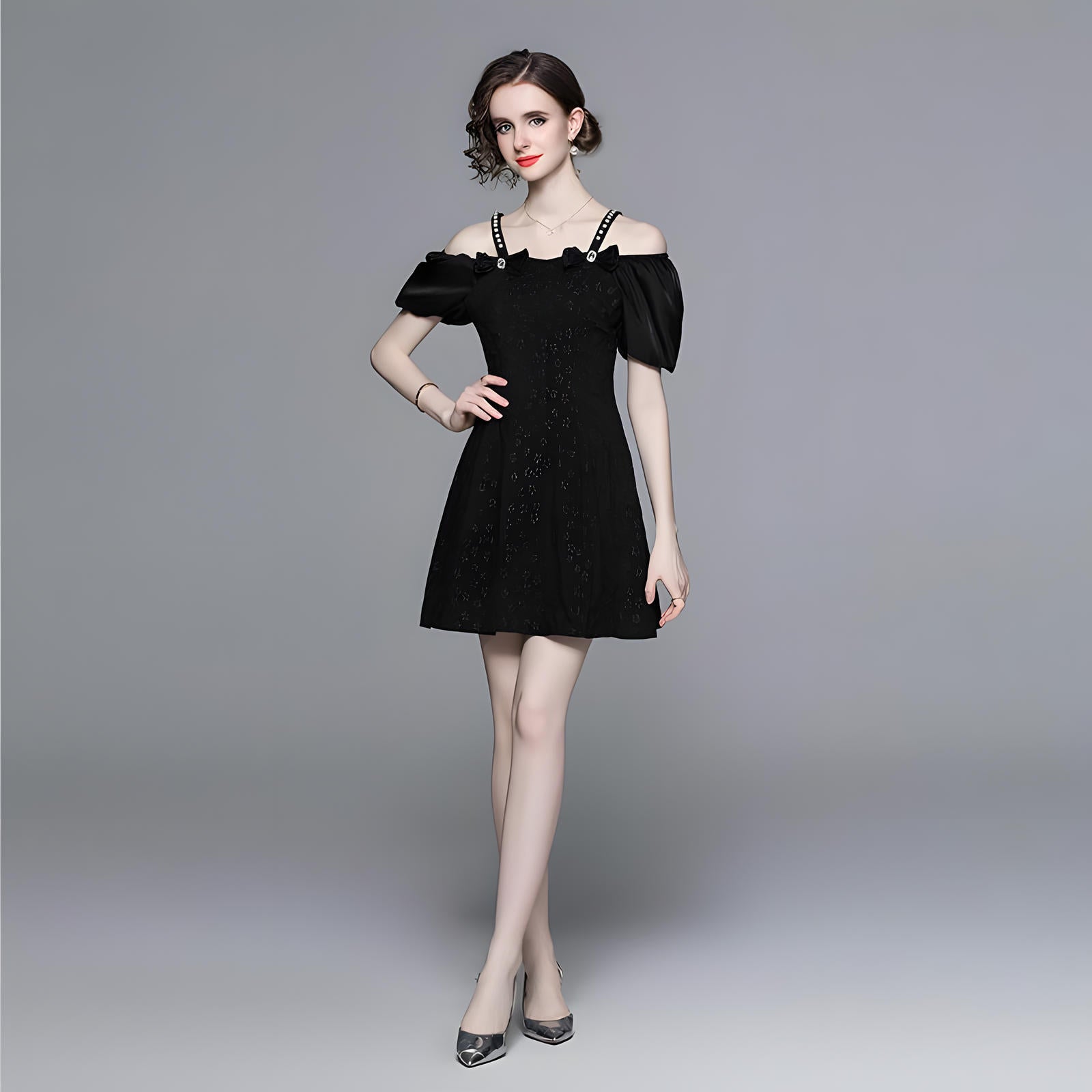 Off-Shoulder Puff Sleeve Floral Textured Short Black Dress - 723637123135_BAS