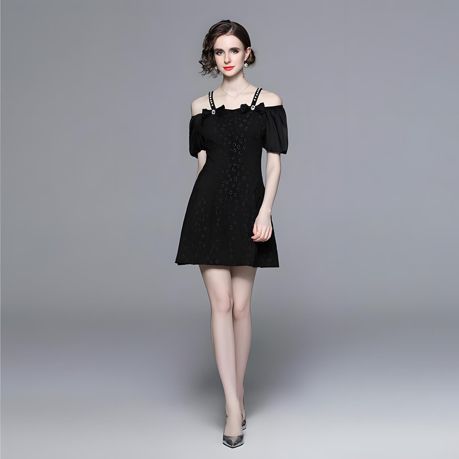 Off-Shoulder Puff Sleeve Floral Textured Short Black Dress - 723637123135_BAS