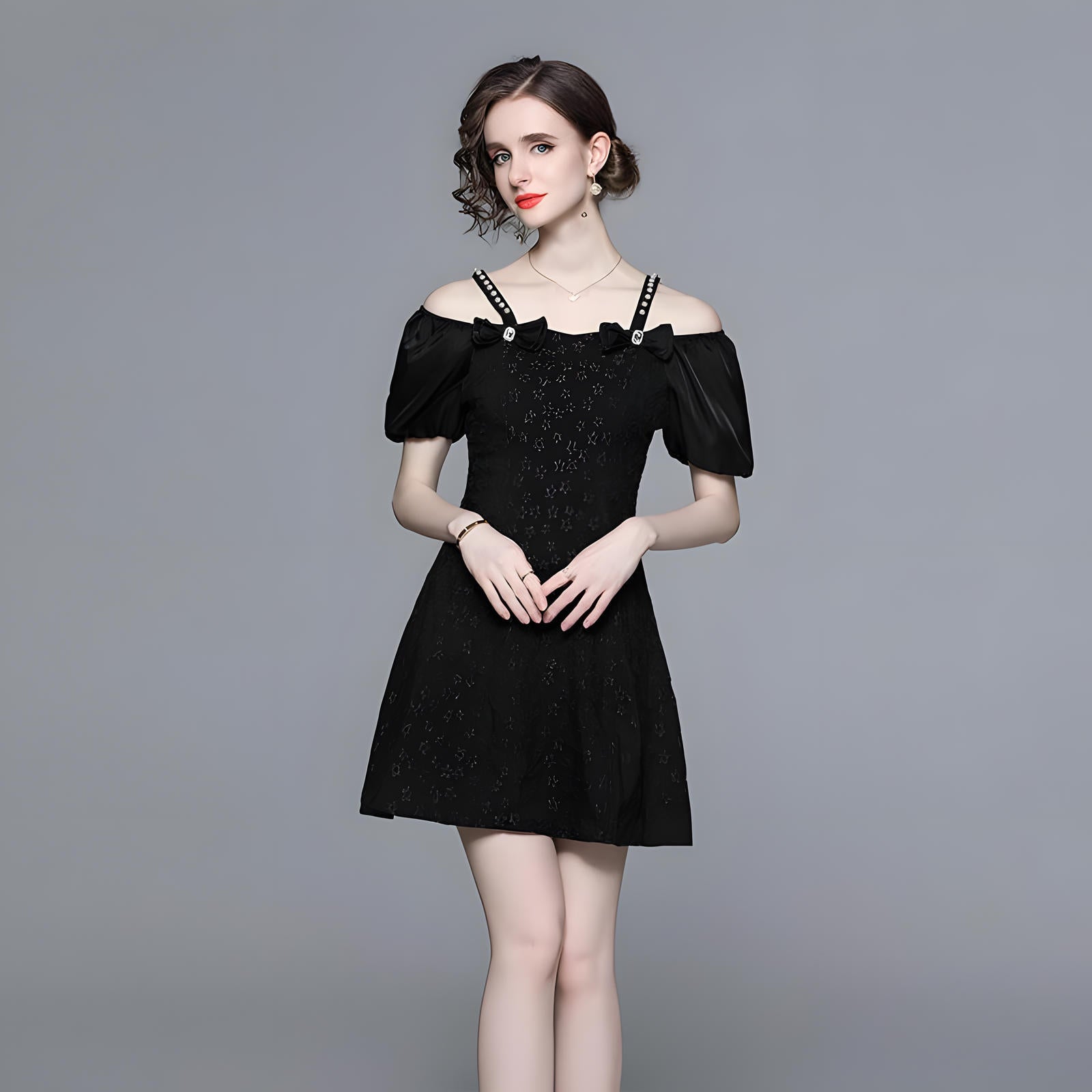 Off-Shoulder Puff Sleeve Floral Textured Short Black Dress - 723637123135_BAS