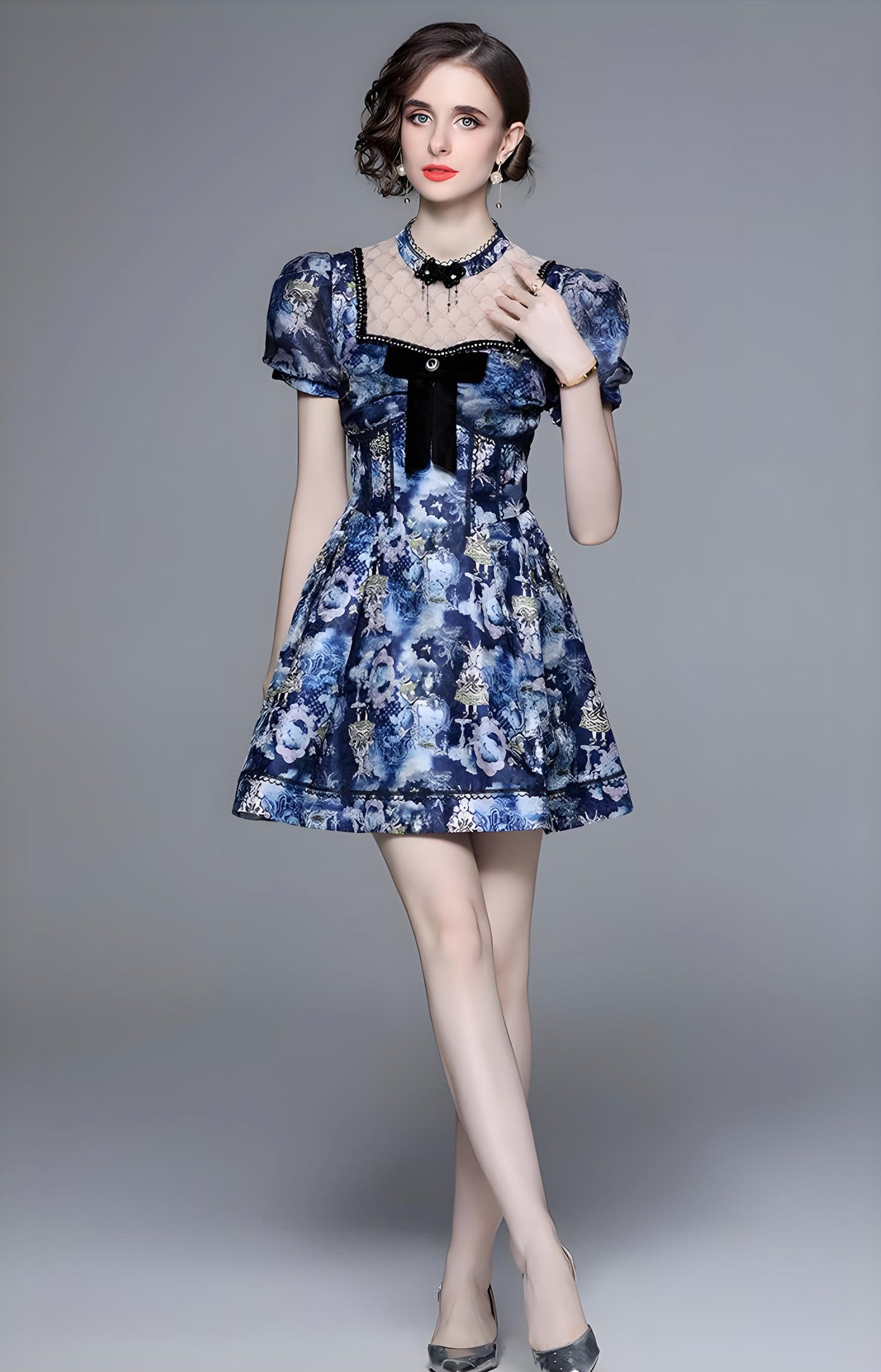 High Neck Corset Top Dress with Bowknot Mesh Patchwork - 725881718110_BAS (EOSS)