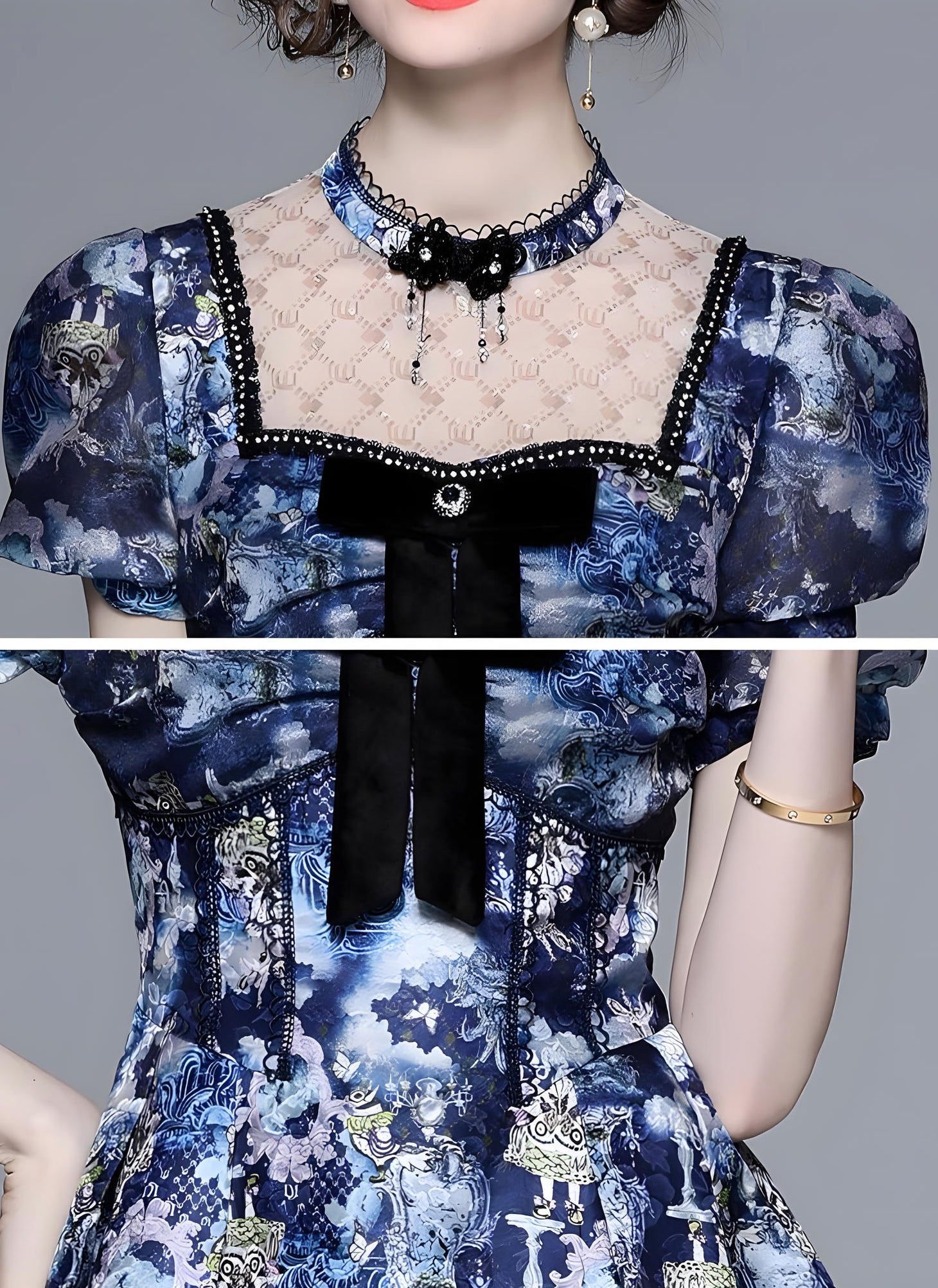 High Neck Corset Top Dress with Bowknot Mesh Patchwork - 725881718110_BAS (EOSS)