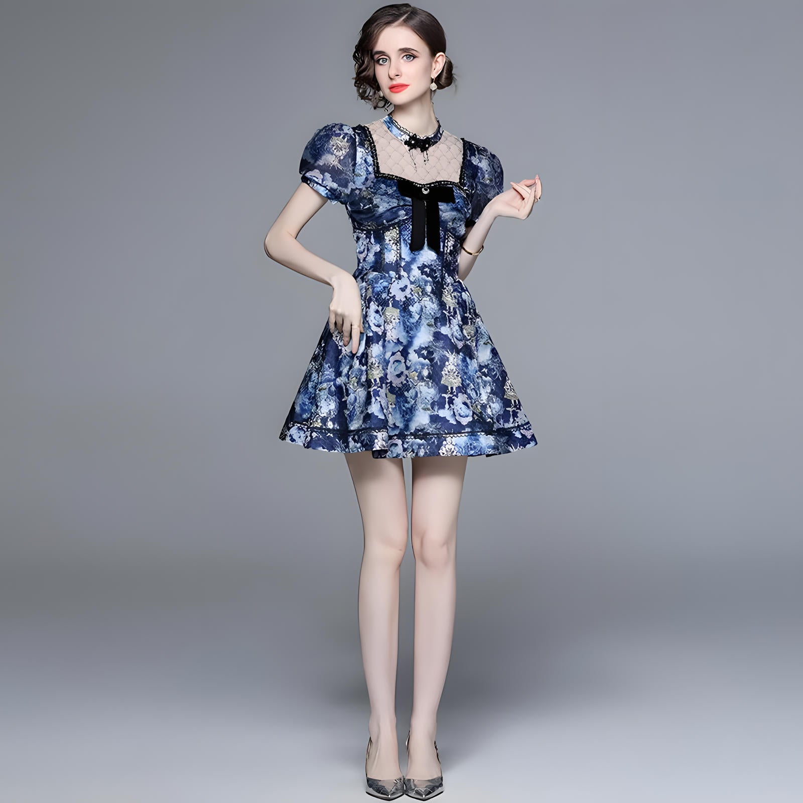 High Neck Corset Top Dress with Bowknot Mesh Patchwork - 725881718110_BAS (EOSS)