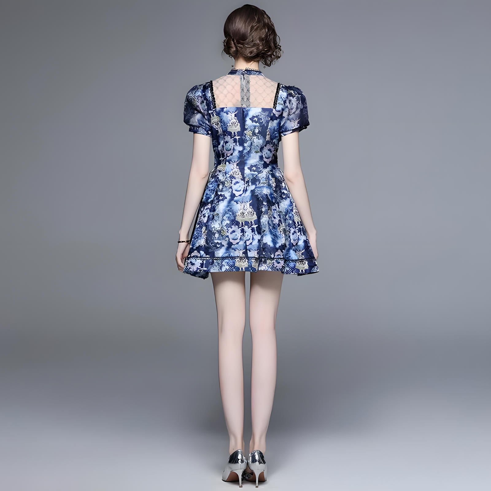 High Neck Corset Top Dress with Bowknot Mesh Patchwork - 725881718110_BAS (EOSS)