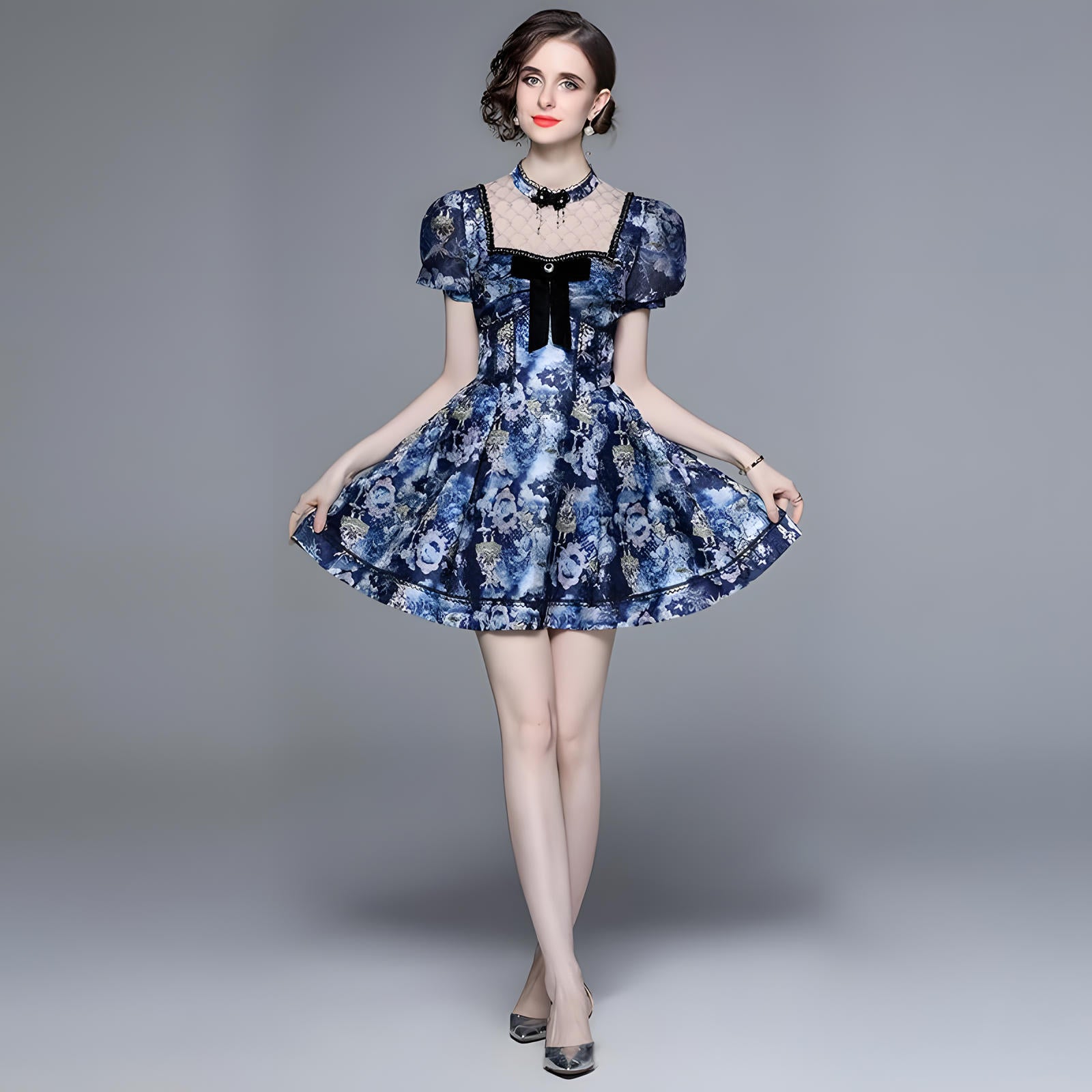 High Neck Corset Top Dress with Bowknot Mesh Patchwork - 725881718110_BAS (EOSS)