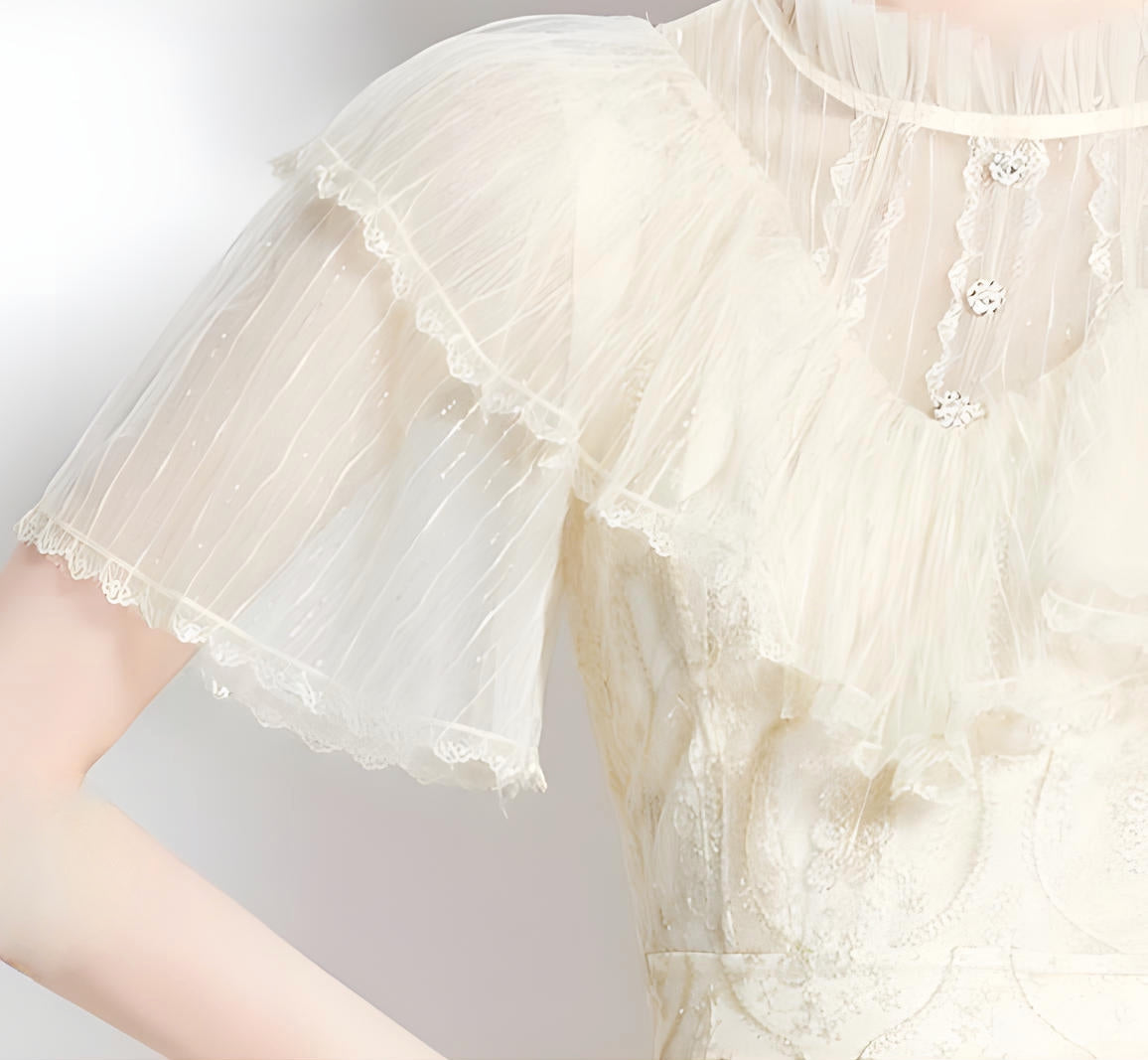 Embroidered French Lace Ruffled Vest High Neck Apricot Dress - 728409772120_BAS