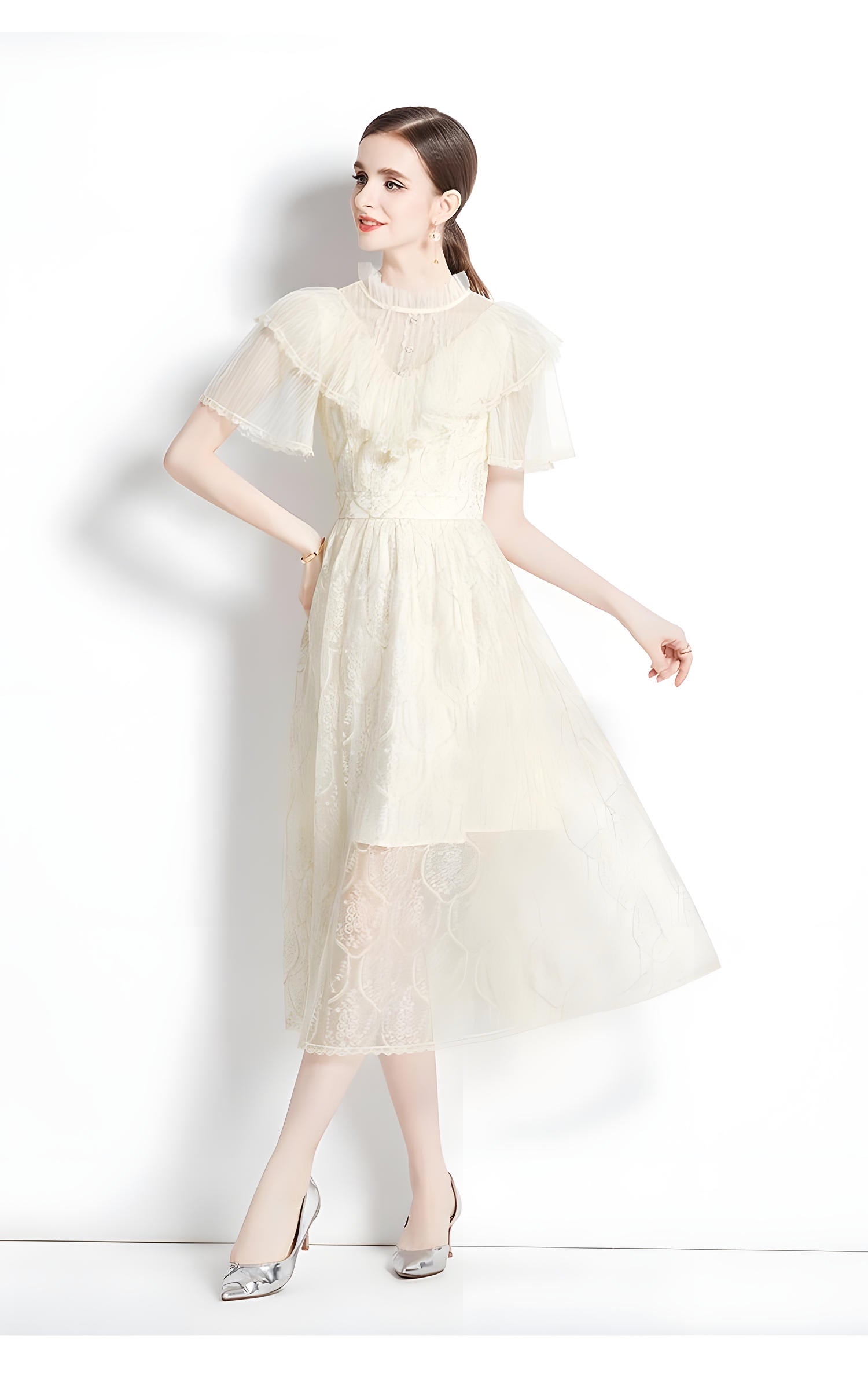 Embroidered French Lace Ruffled Vest High Neck Apricot Dress - 728409772120_BAS