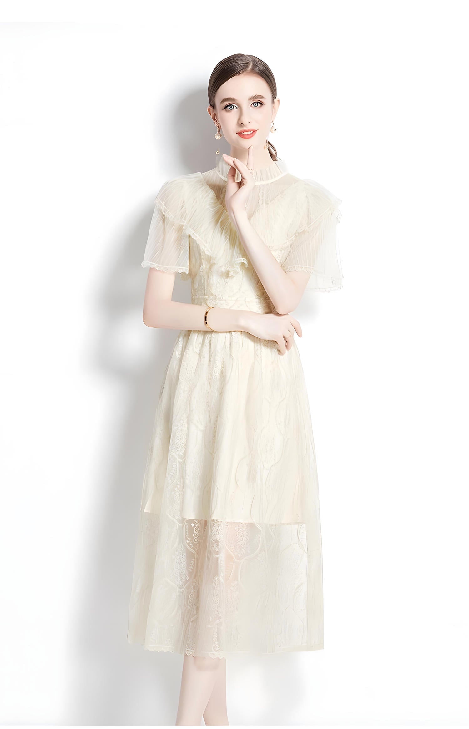 Embroidered French Lace Ruffled Vest High Neck Apricot Dress - 728409772120_BAS