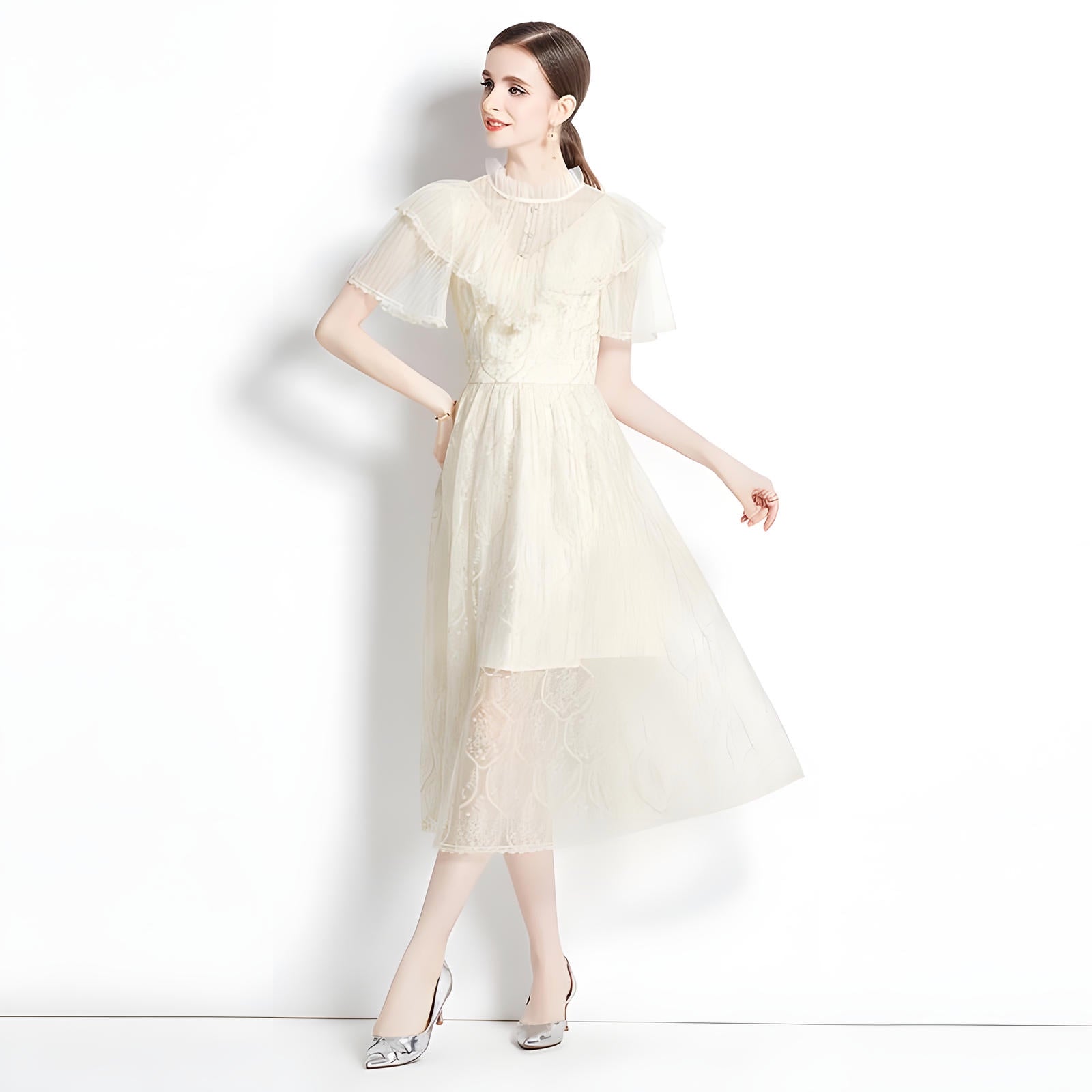 Embroidered French Lace Ruffled Vest High Neck Apricot Dress - 728409772120_BAS