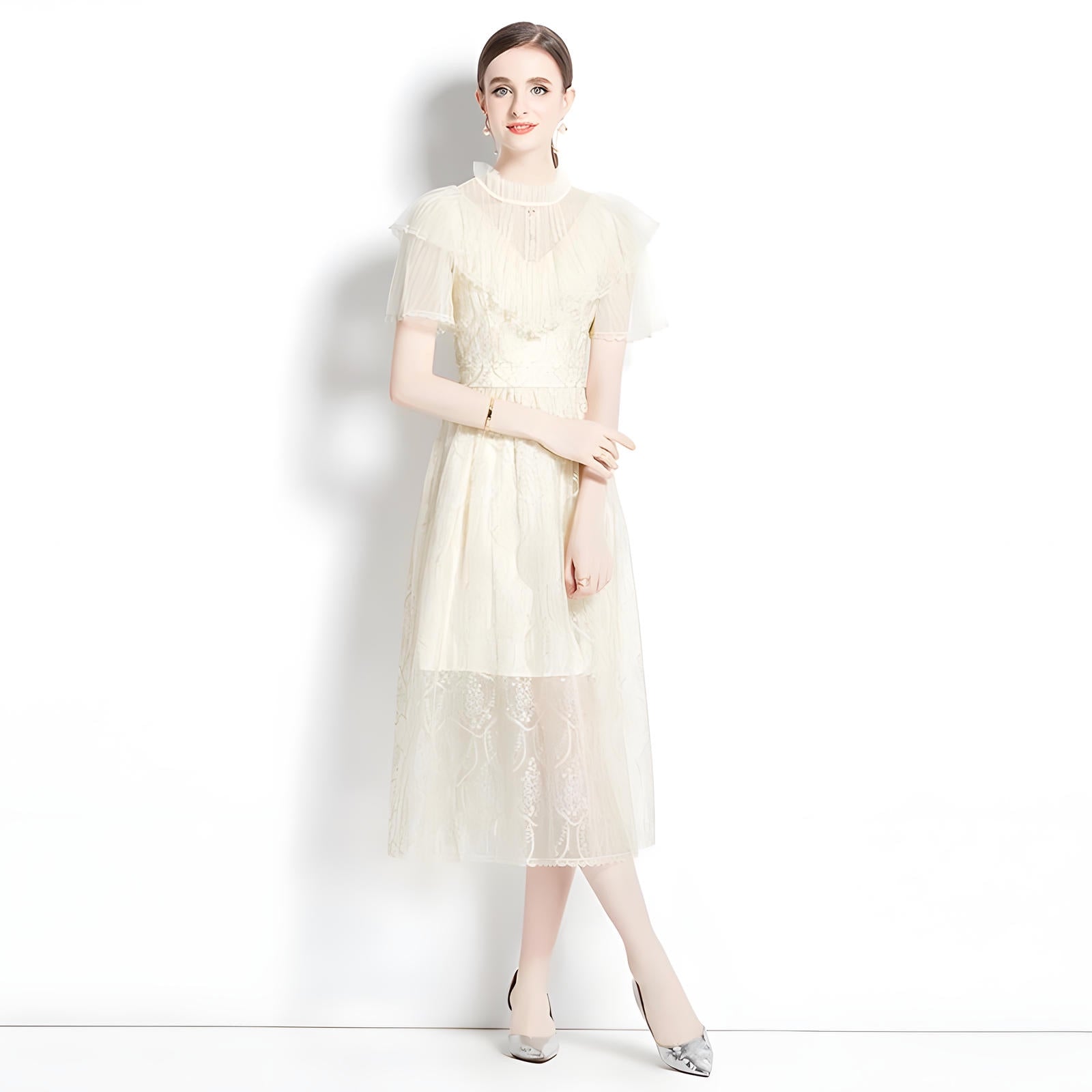 Embroidered French Lace Ruffled Vest High Neck Apricot Dress - 728409772120_BAS