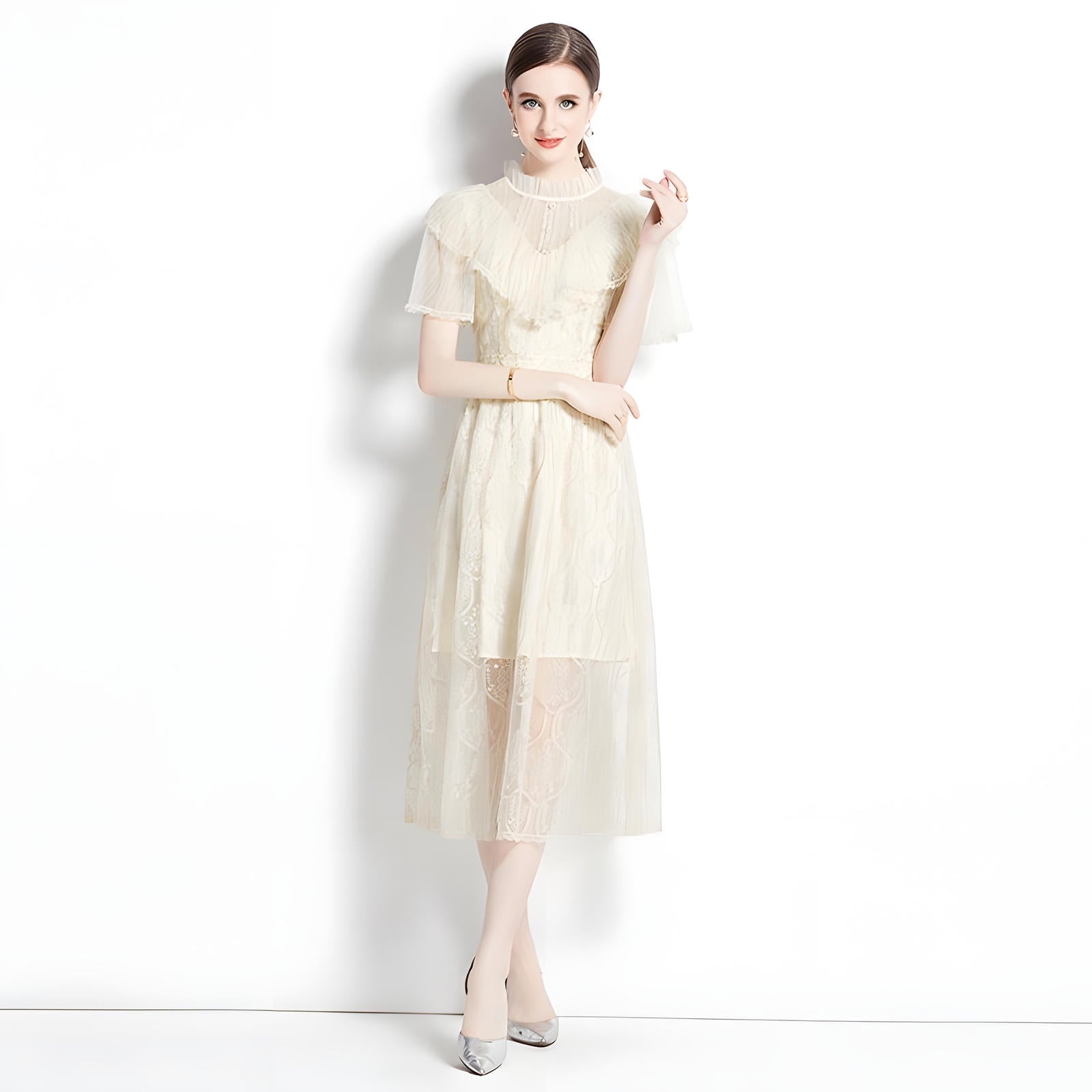 Embroidered French Lace Ruffled Vest High Neck Apricot Dress - 728409772120_BAS