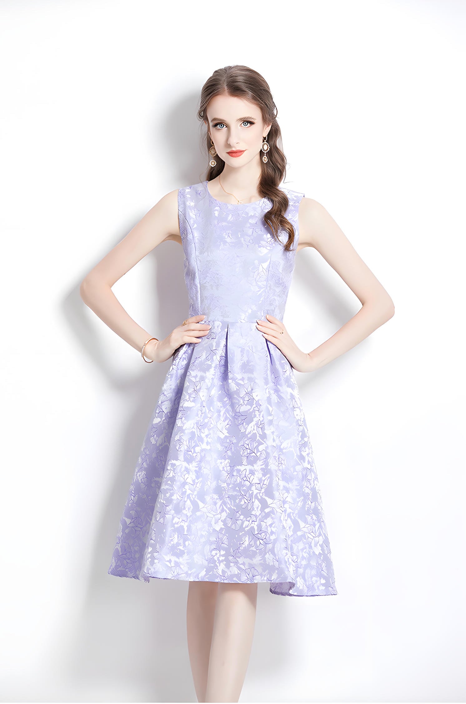 Jacquard Fitted Vest Sleeveless Dress with Pleated Skirt and Waist Belt - 734172936895_BAS