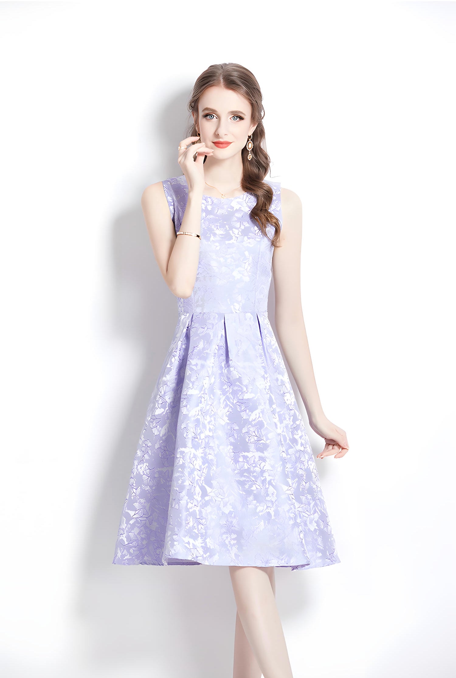 Jacquard Fitted Vest Sleeveless Dress with Pleated Skirt and Waist Belt - 734172936895_BAS