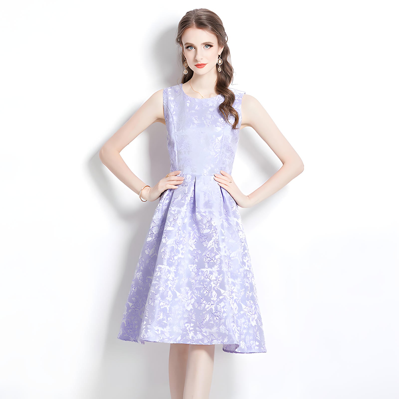 Jacquard Fitted Vest Sleeveless Dress with Pleated Skirt and Waist Belt - 734172936895_BAS