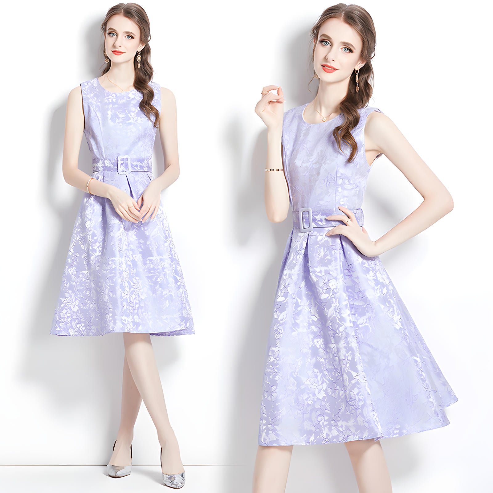 Jacquard Fitted Vest Sleeveless Dress with Pleated Skirt and Waist Belt - 734172936895_BAS