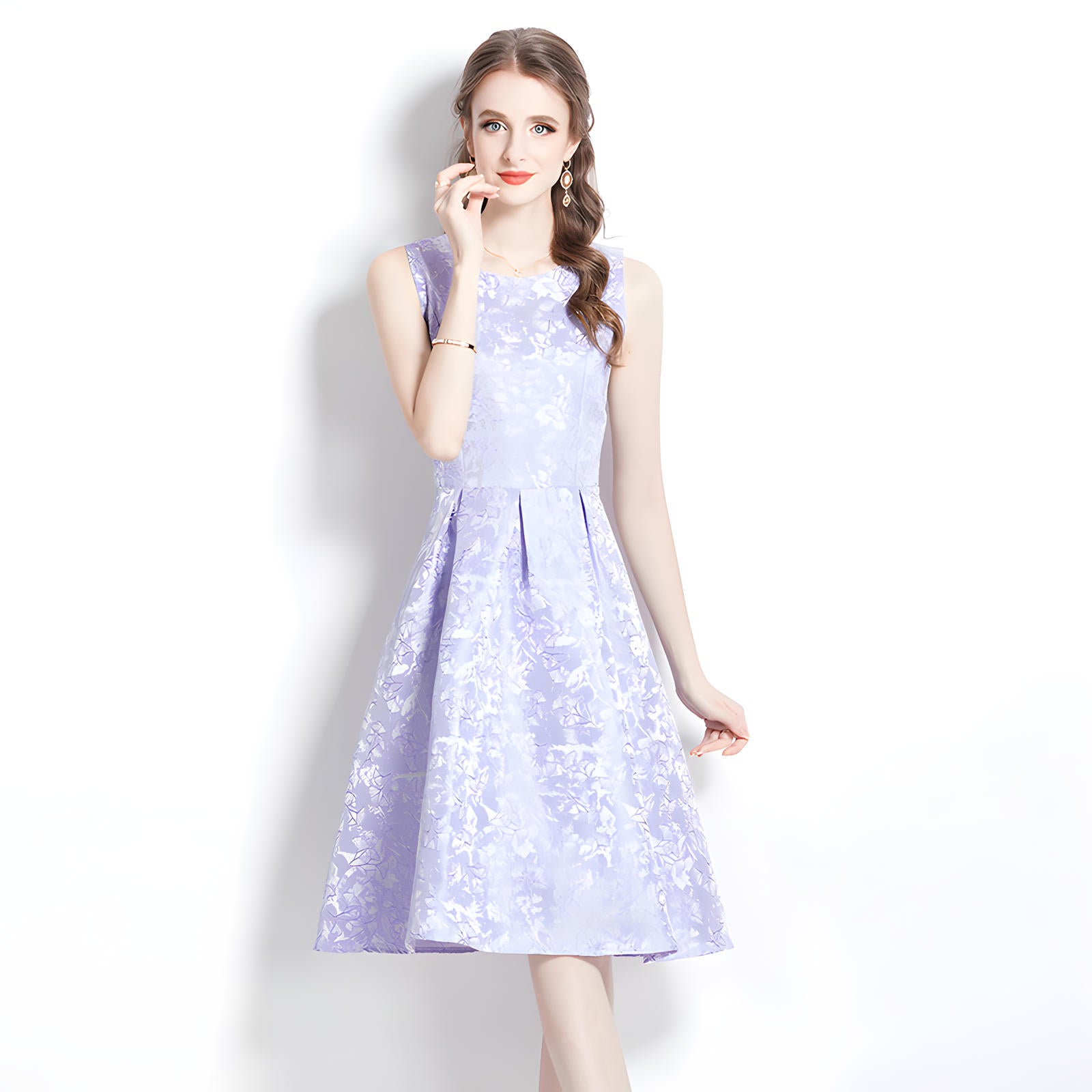 Jacquard Fitted Vest Sleeveless Dress with Pleated Skirt and Waist Belt - 734172936895_BAS