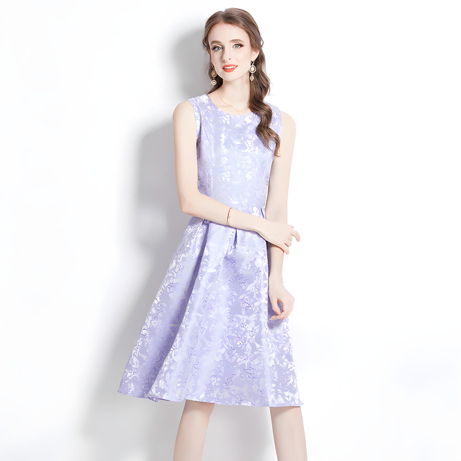Jacquard Fitted Vest Sleeveless Dress with Pleated Skirt and Waist Belt - 734172936895_BAS