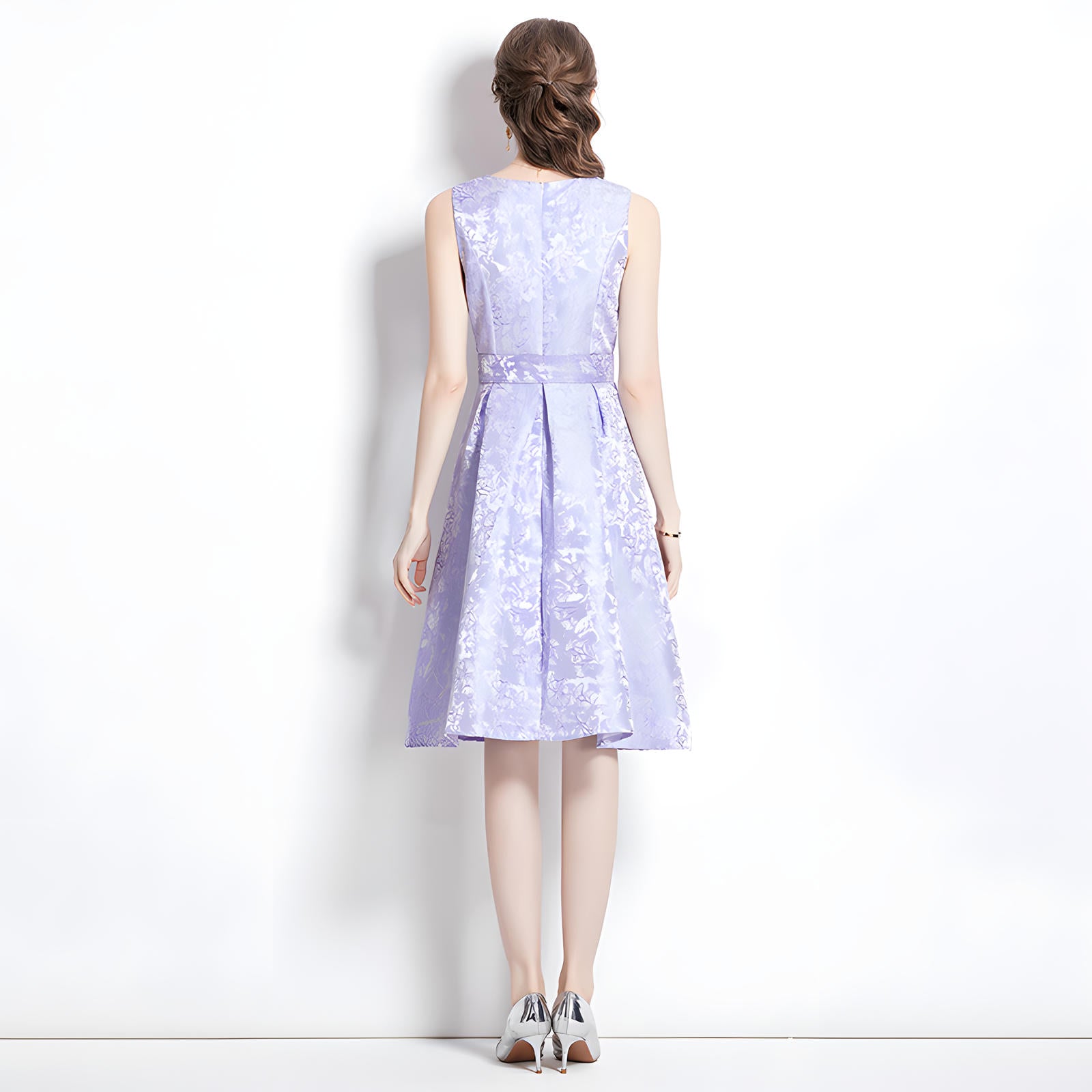 Jacquard Fitted Vest Sleeveless Dress with Pleated Skirt and Waist Belt - 734172936895_BAS