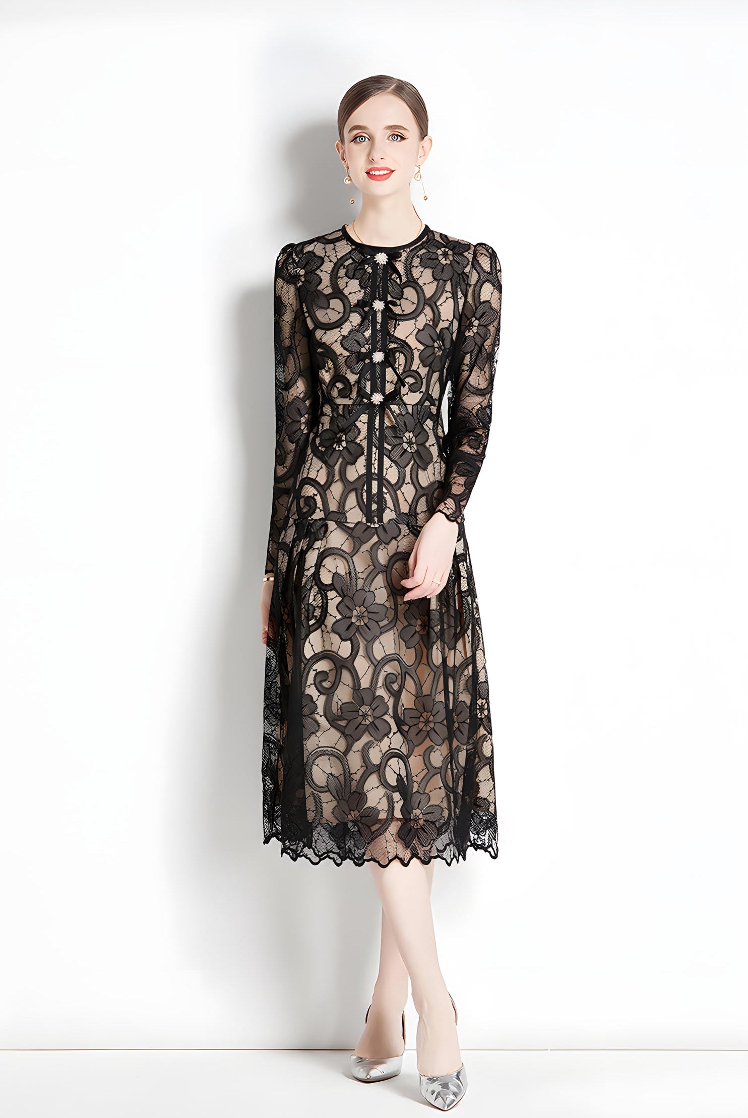 French Lace Front Bow Crew Neck Black And Nude Dress - 737166050267_BAS