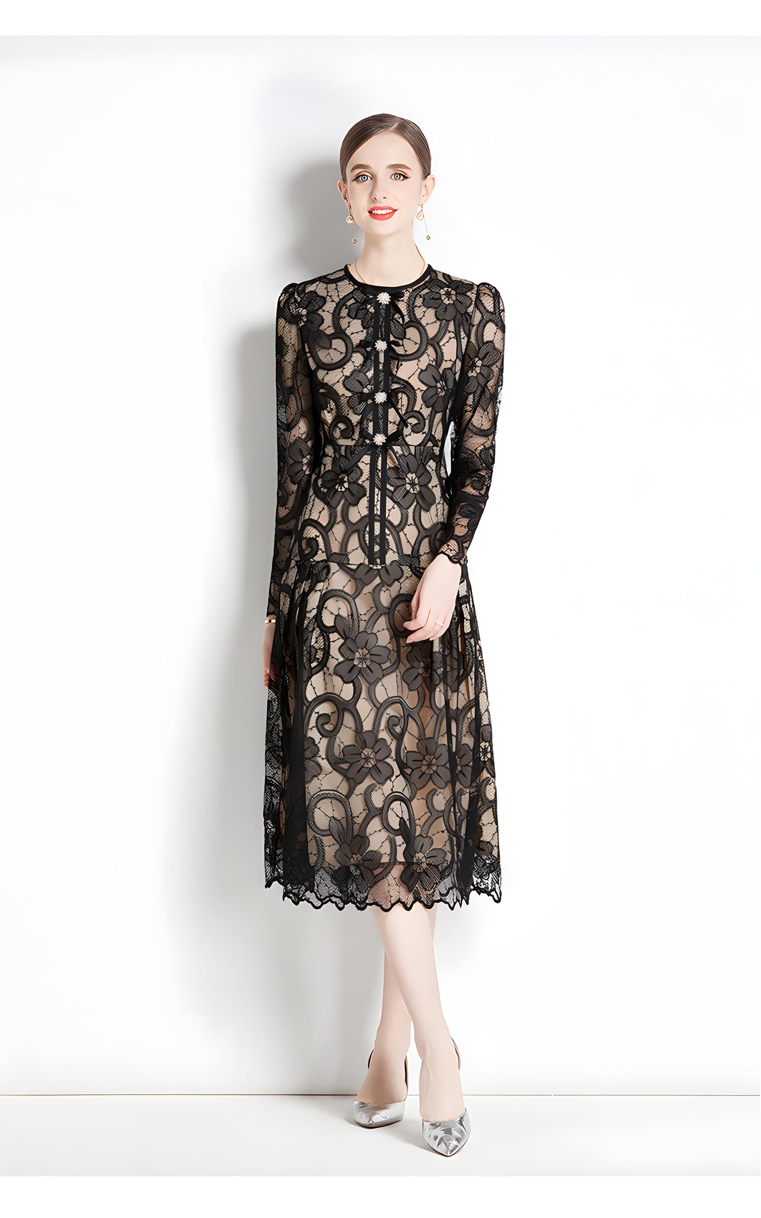 French Lace Front Bow Crew Neck Black And Nude Dress - 737166050267_BAS