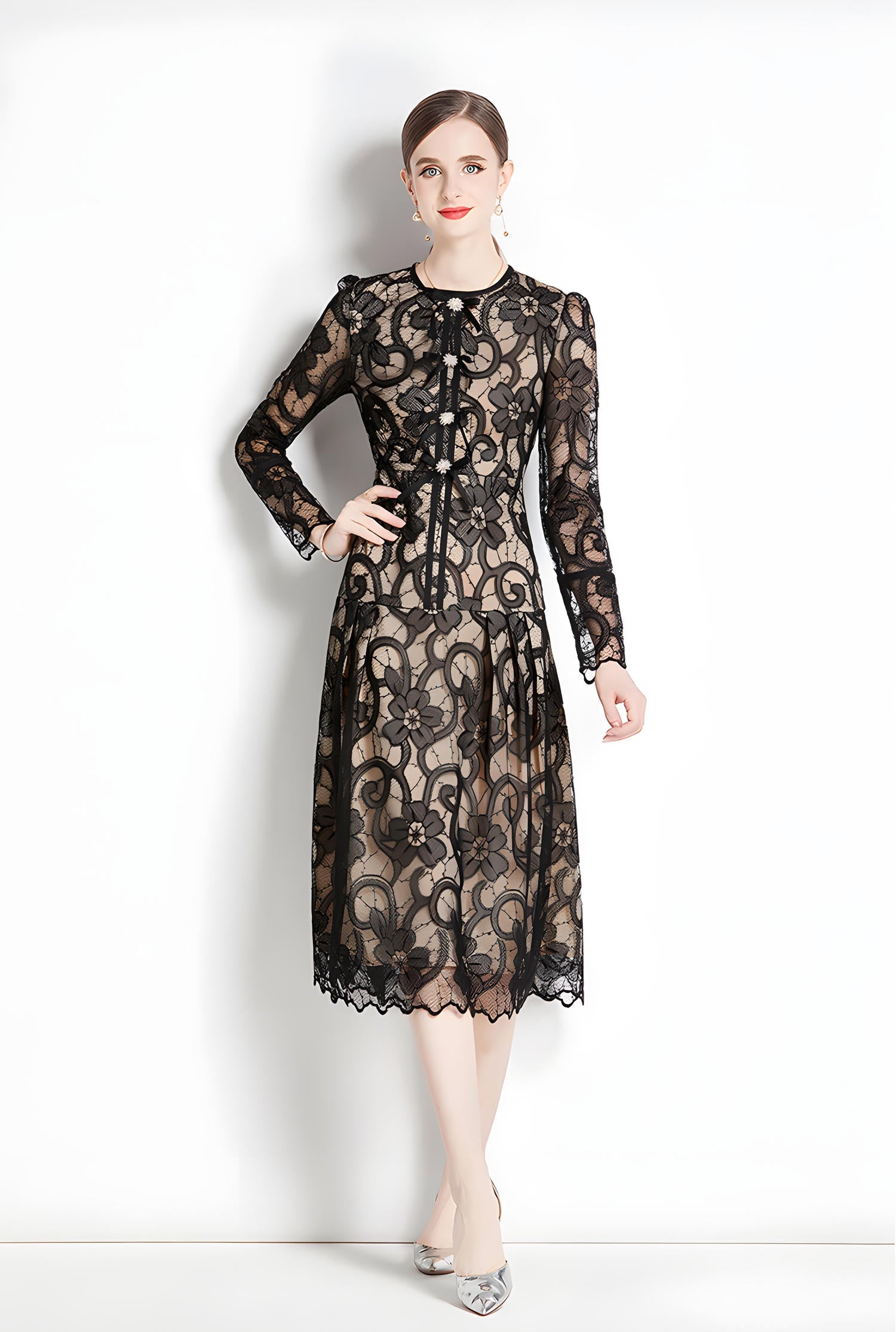 French Lace Front Bow Crew Neck Black And Nude Dress - 737166050267_BAS