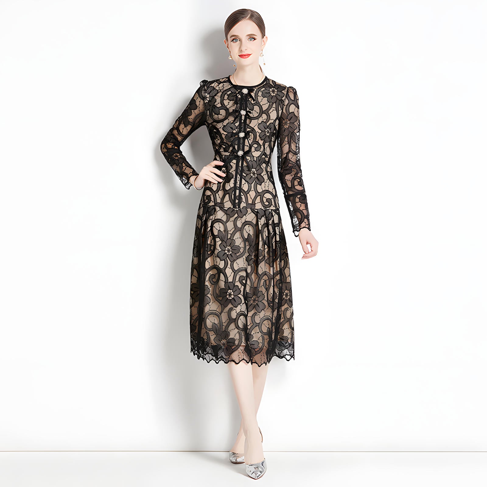 French Lace Front Bow Crew Neck Black And Nude Dress - 737166050267_BAS