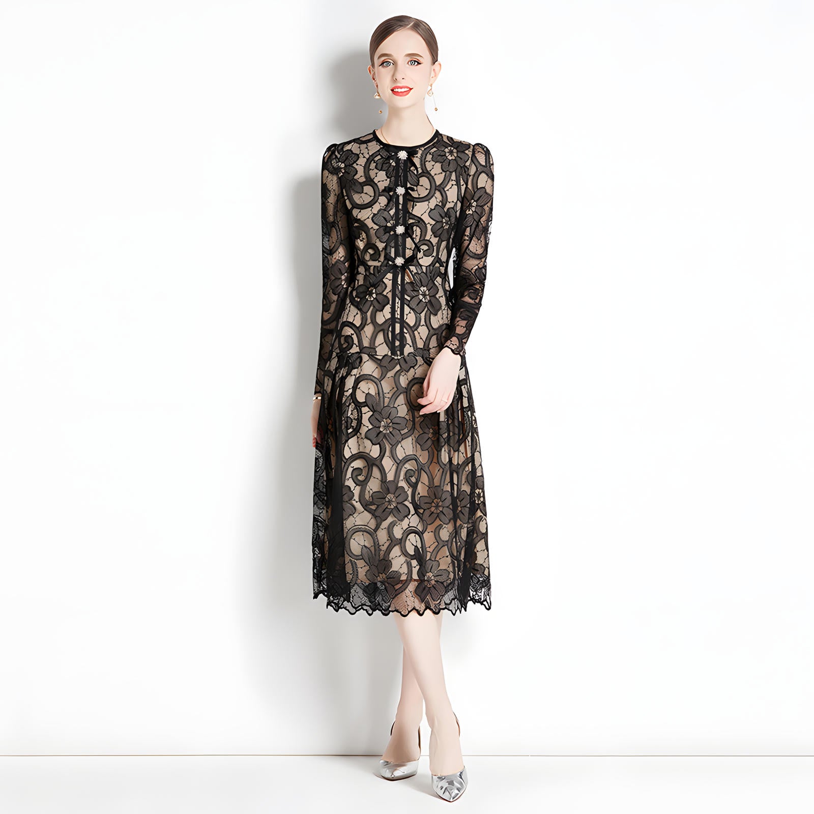 French Lace Front Bow Crew Neck Black And Nude Dress - 737166050267_BAS